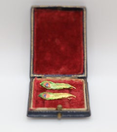 Antique Edwardian Pair of Peacock Feather Brooches in 14K Gold boxed, 1900