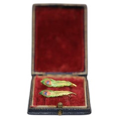 Antique Edwardian Pair of Peacock Feather Brooches in 14K Gold boxed, 1900