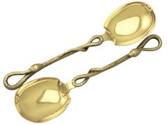 Antique Edwardian Pair of Sterling Silver Gilt Snake Serving Spoons