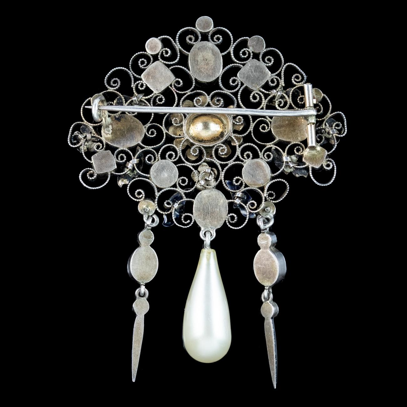 Broche Fleur En Argent Massif Et Strass - 19e Siècle - Style Suffragette - Occasion