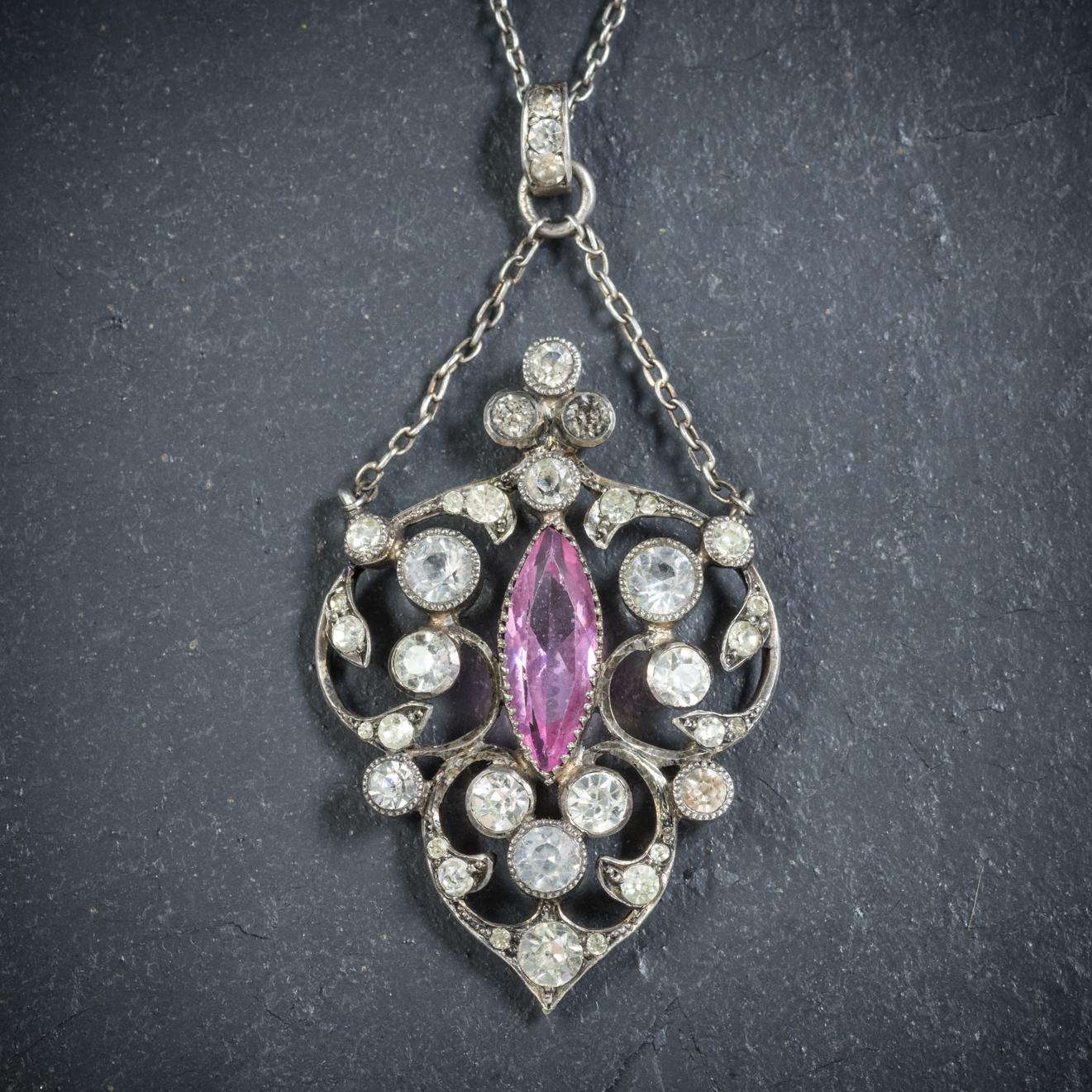 Antique Edwardian Paste Pendant Necklace Silver, circa 1915 In Excellent Condition In Lancaster , GB