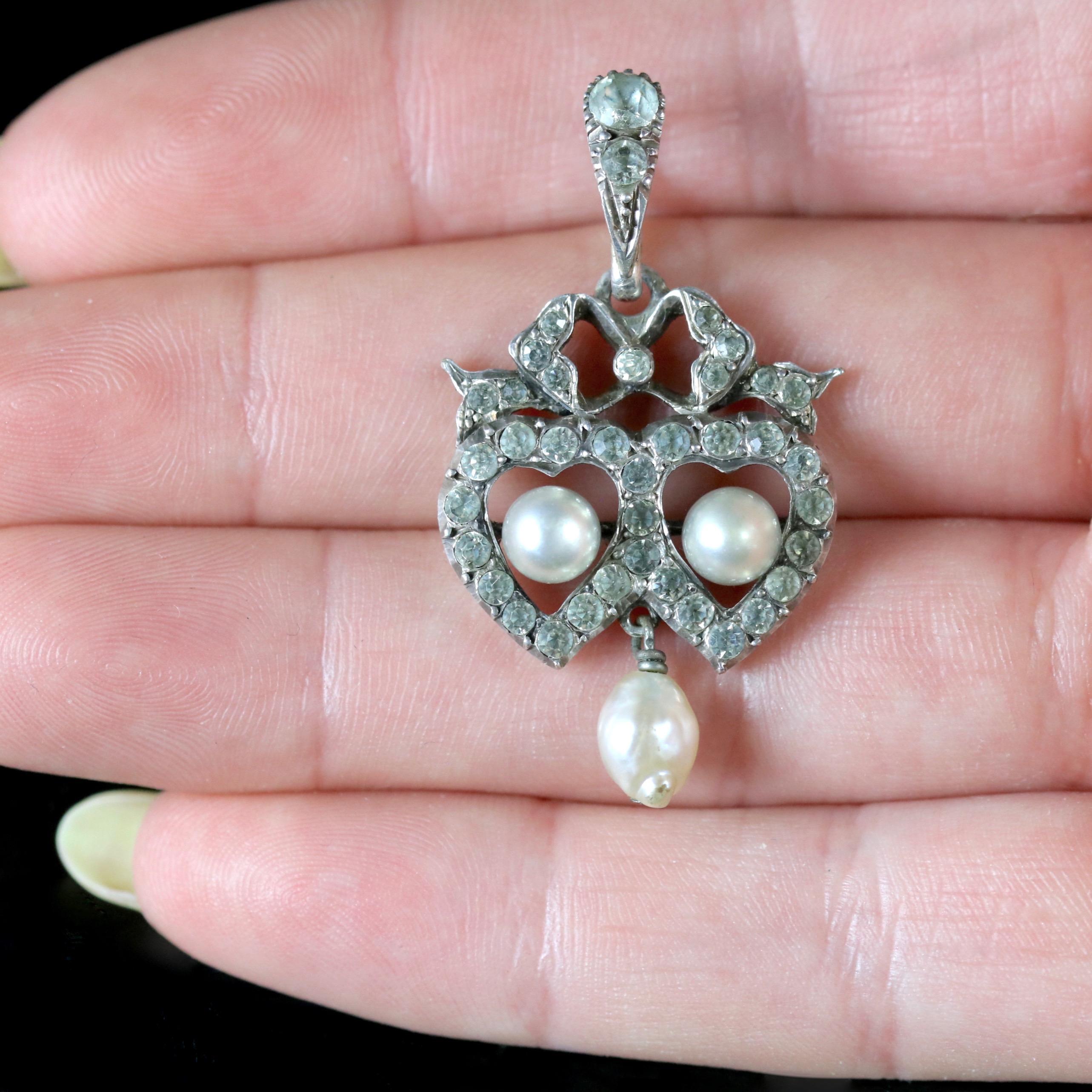 Antique Edwardian Paste Stone Pearl Pendant Silver, circa 1910 2
