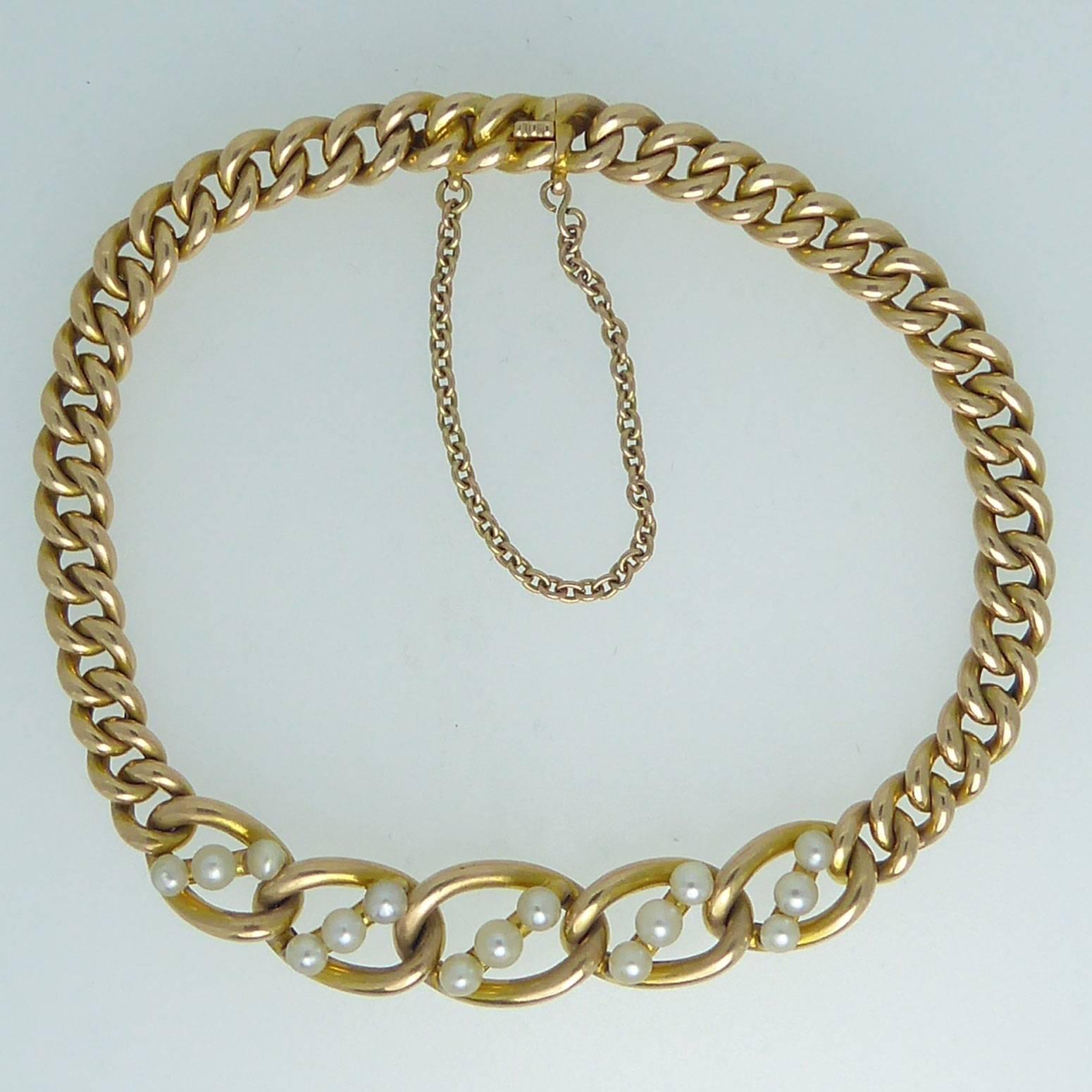 Women's Antique Edwardian Pearl Bracelet, Yellow Gold Curb Links, 15 Carat