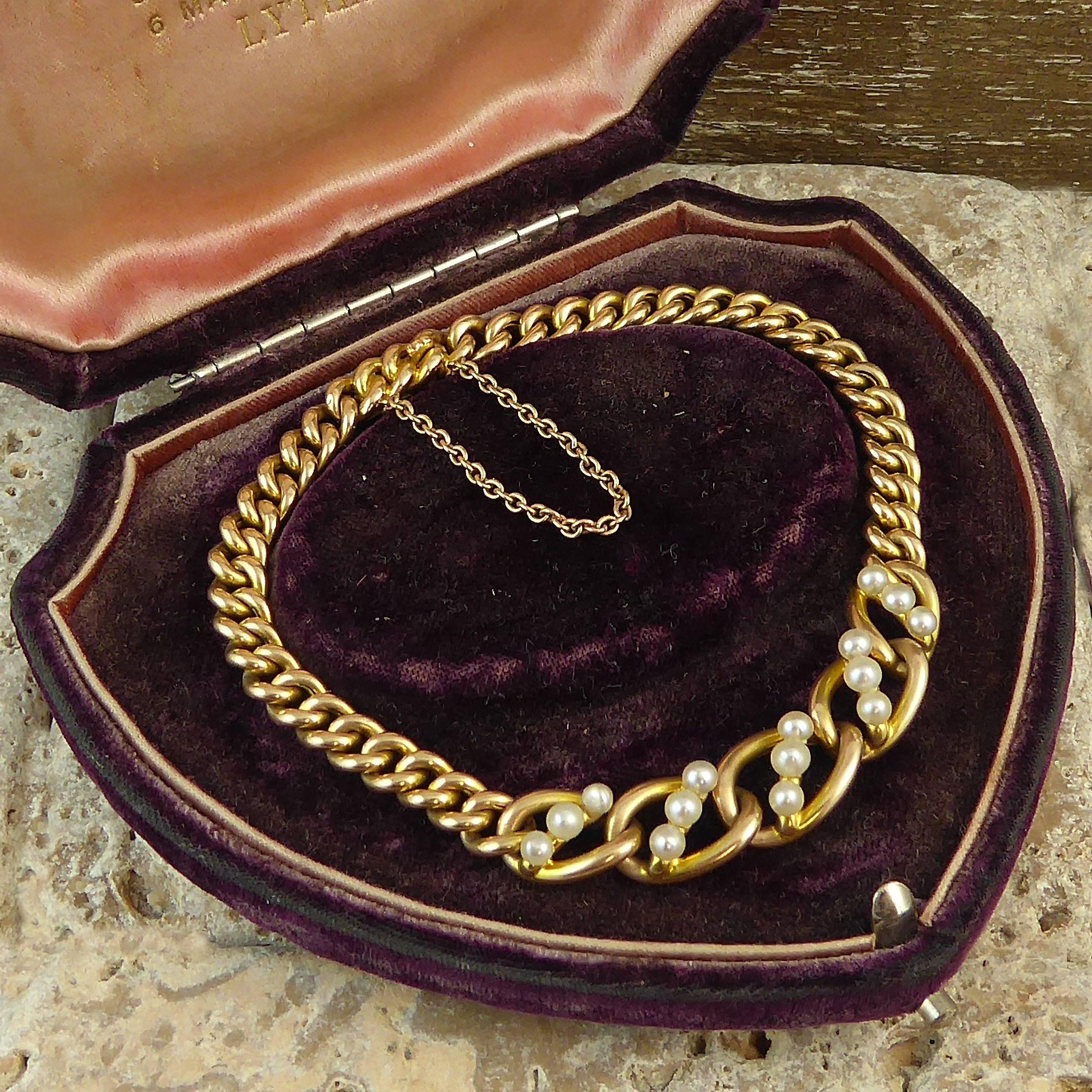 Antique Edwardian Pearl Bracelet, Yellow Gold Curb Links, 15 Carat 1