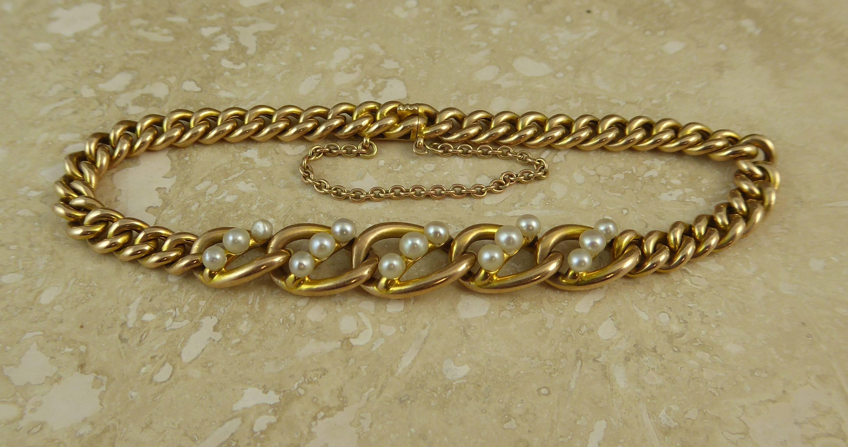 Antique Edwardian Pearl Bracelet, Yellow Gold Curb Links, 15 Carat 2