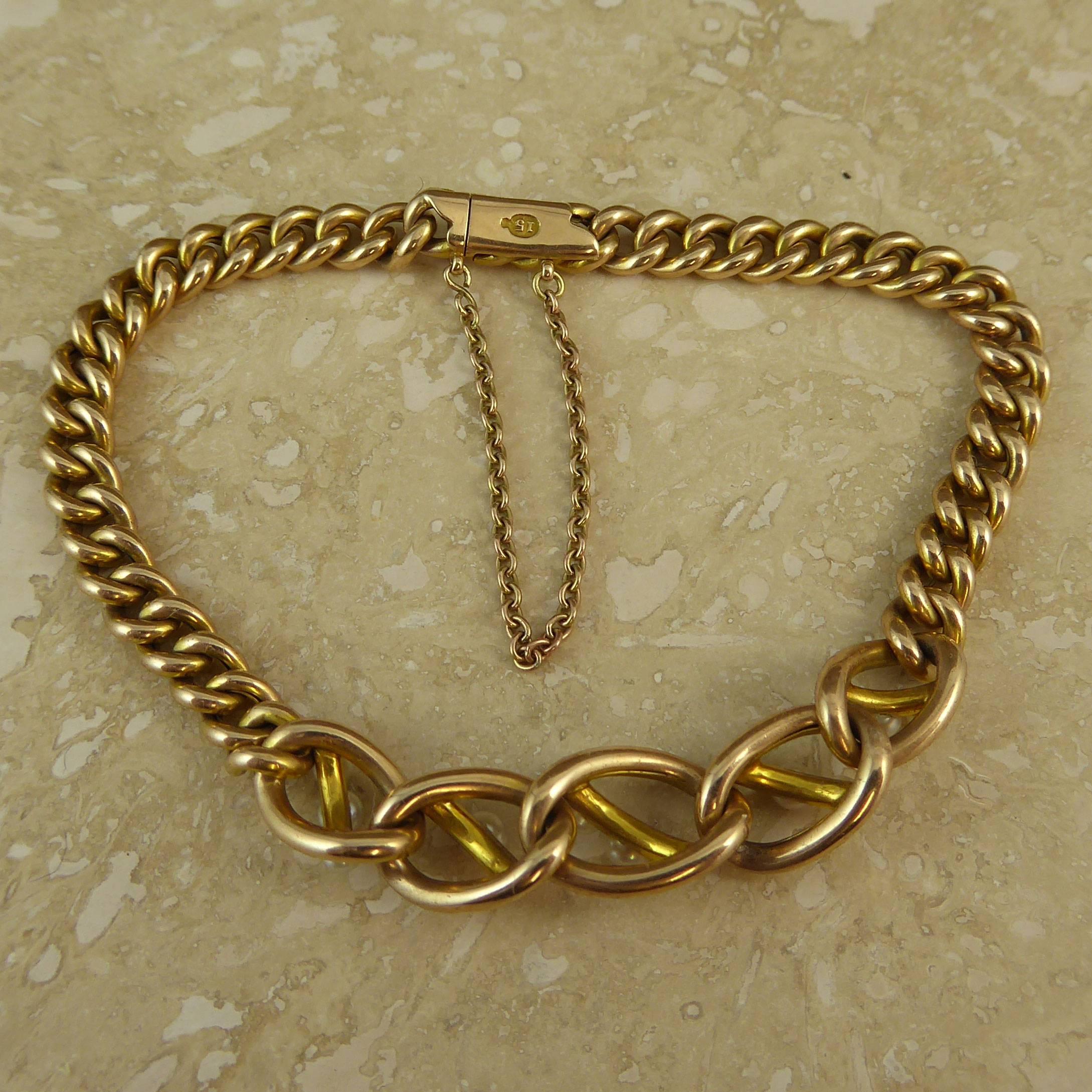 Antique Edwardian Pearl Bracelet, Yellow Gold Curb Links, 15 Carat 3