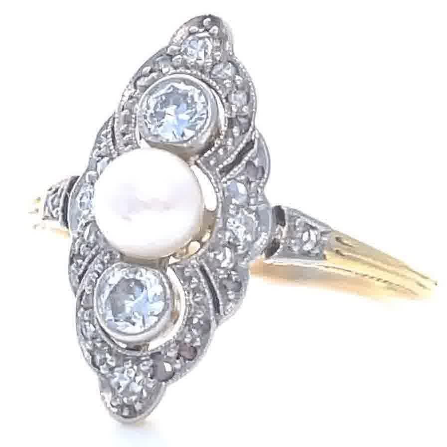 Antique Edwardian Pearl Diamond 14 Karat Gold Navette Ring In Excellent Condition In Beverly Hills, CA