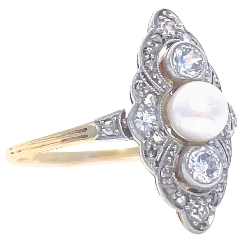 Antique Edwardian Pearl Diamond 14 Karat Gold Navette Ring