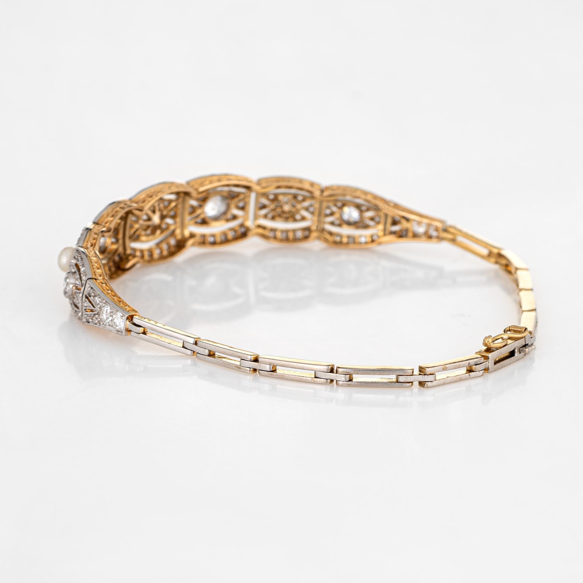 Stylish and elegant antique Edwardian era bracelet (circa 1910s) crafted in 18k yellow gold and topped with platinum. 

Old European and rose cut diamonds total an estimated 1.25 carats (estimated at I-J color and SI1-I1 clarity). Pearls measure 5mm