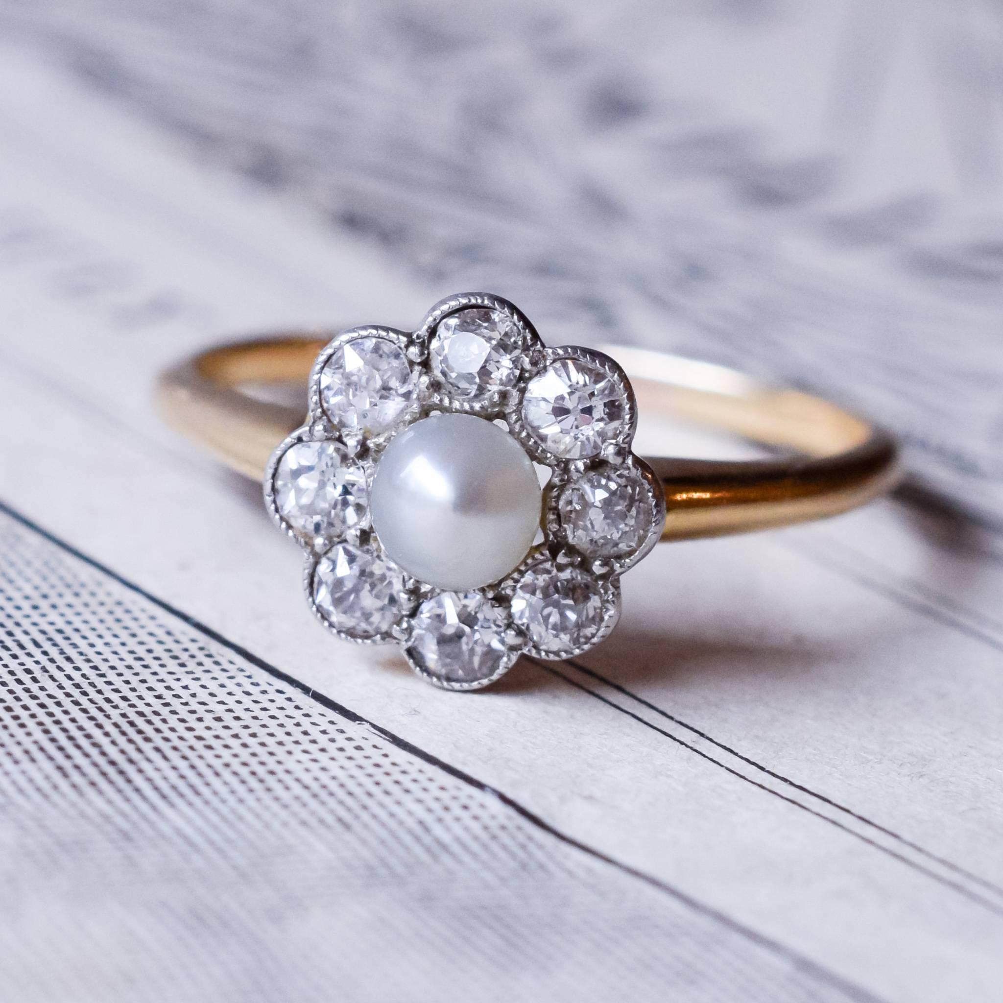 Antique Edwardian Pearl Diamond Flower Cluster Ring In Excellent Condition In Sale, Cheshire