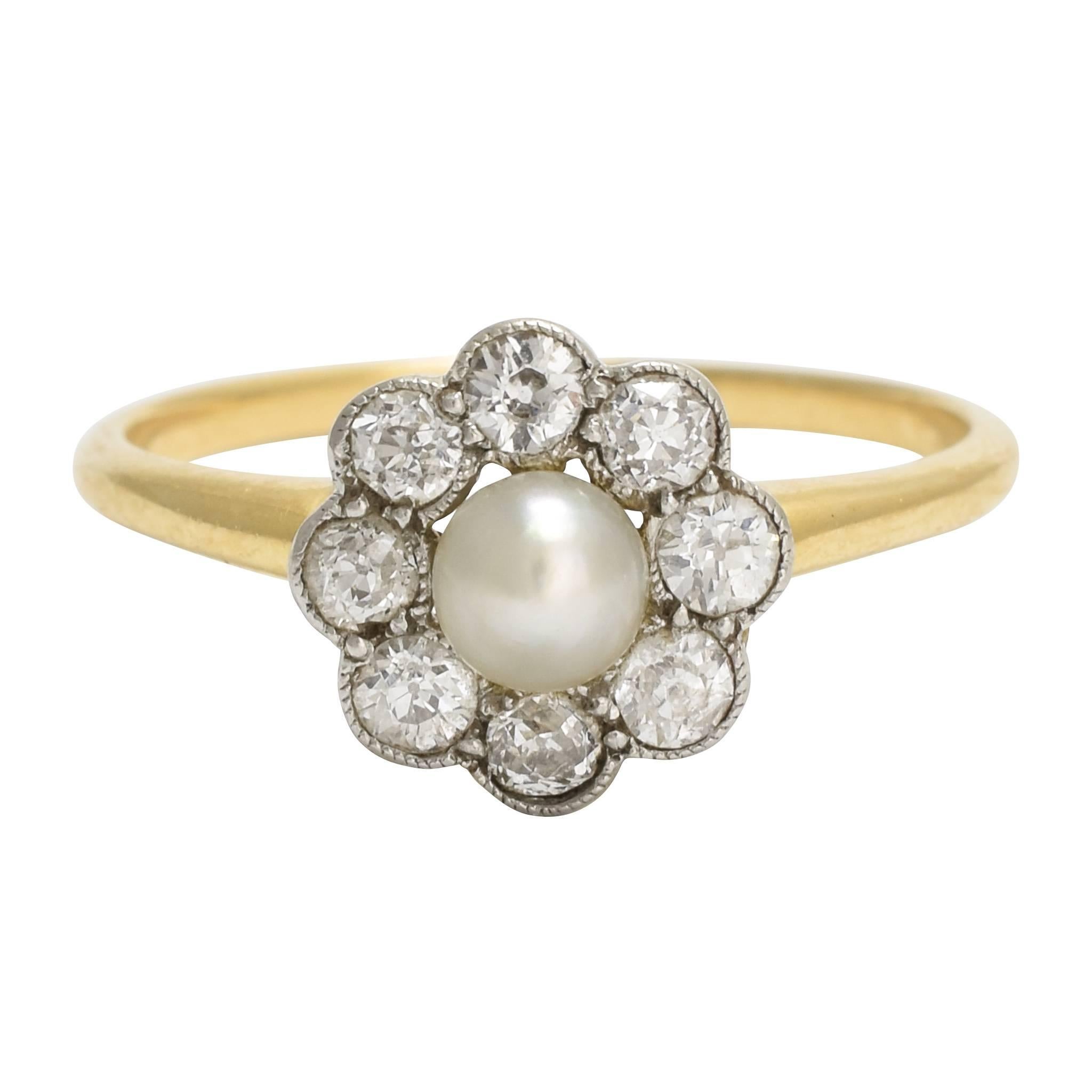 Antique Edwardian Pearl Diamond Flower Cluster Ring