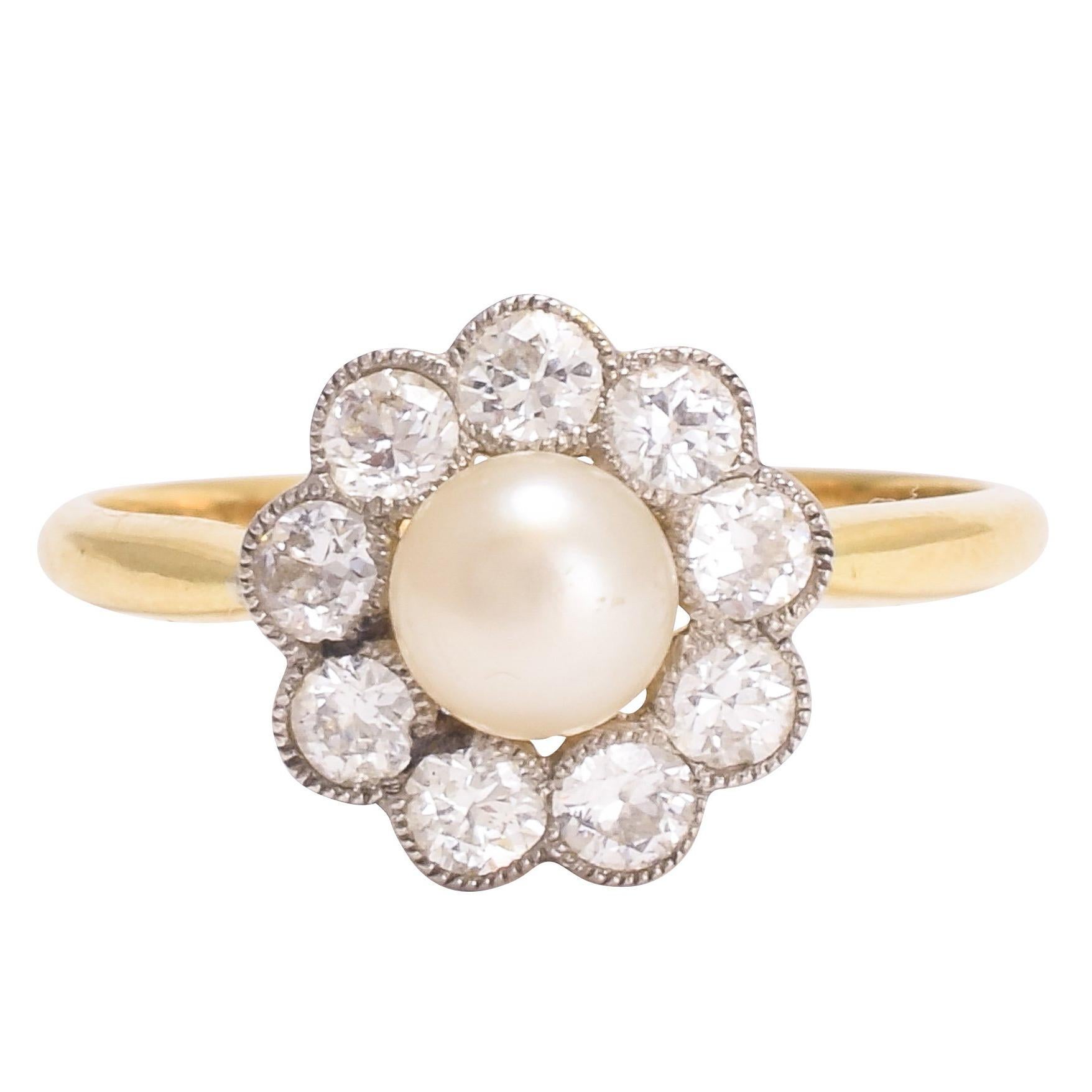 Antique Edwardian Pearl Diamond Flower Ring