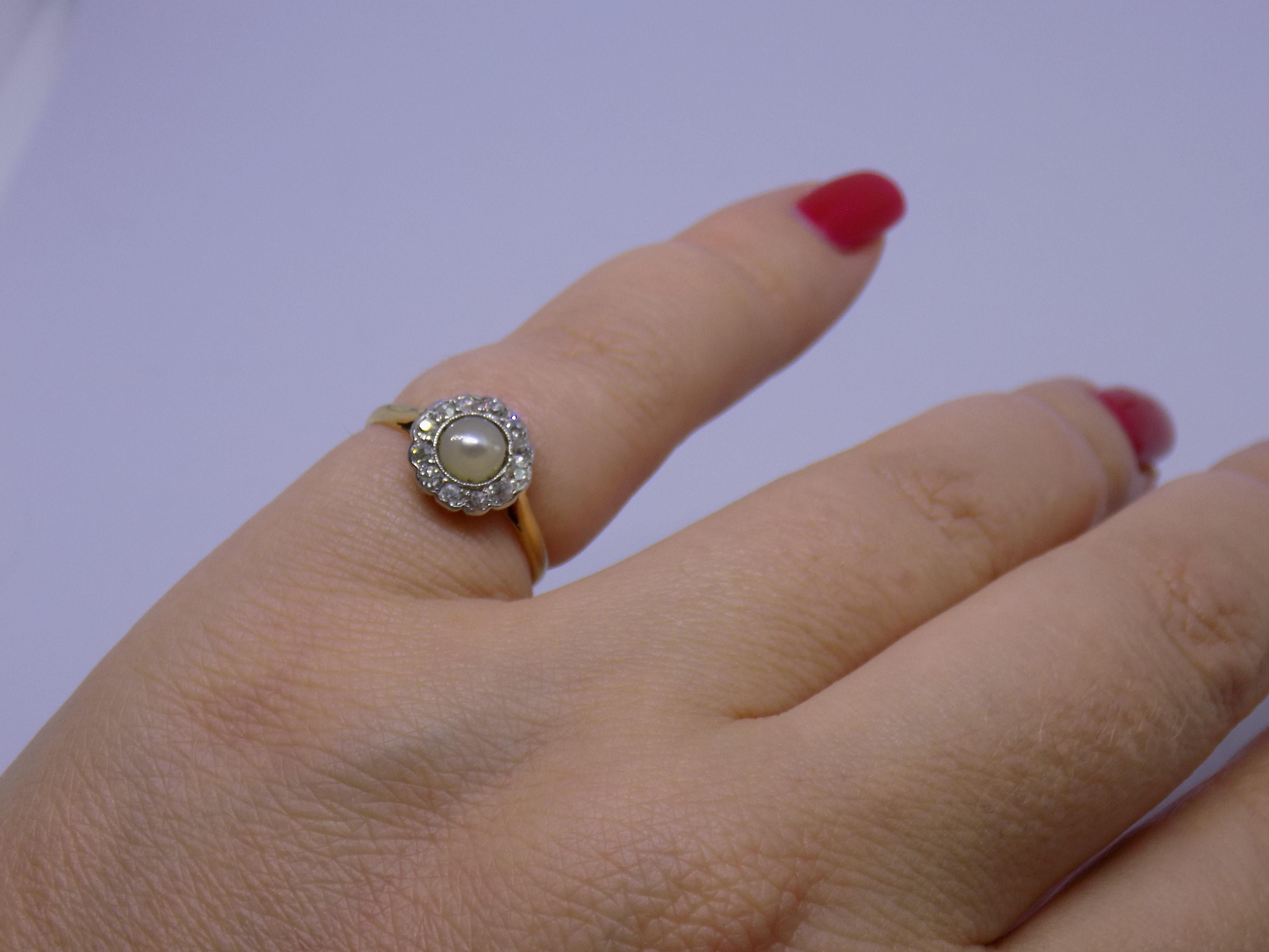 Antique Edwardian Pearl Diamond Gold Halo Ring For Sale 5