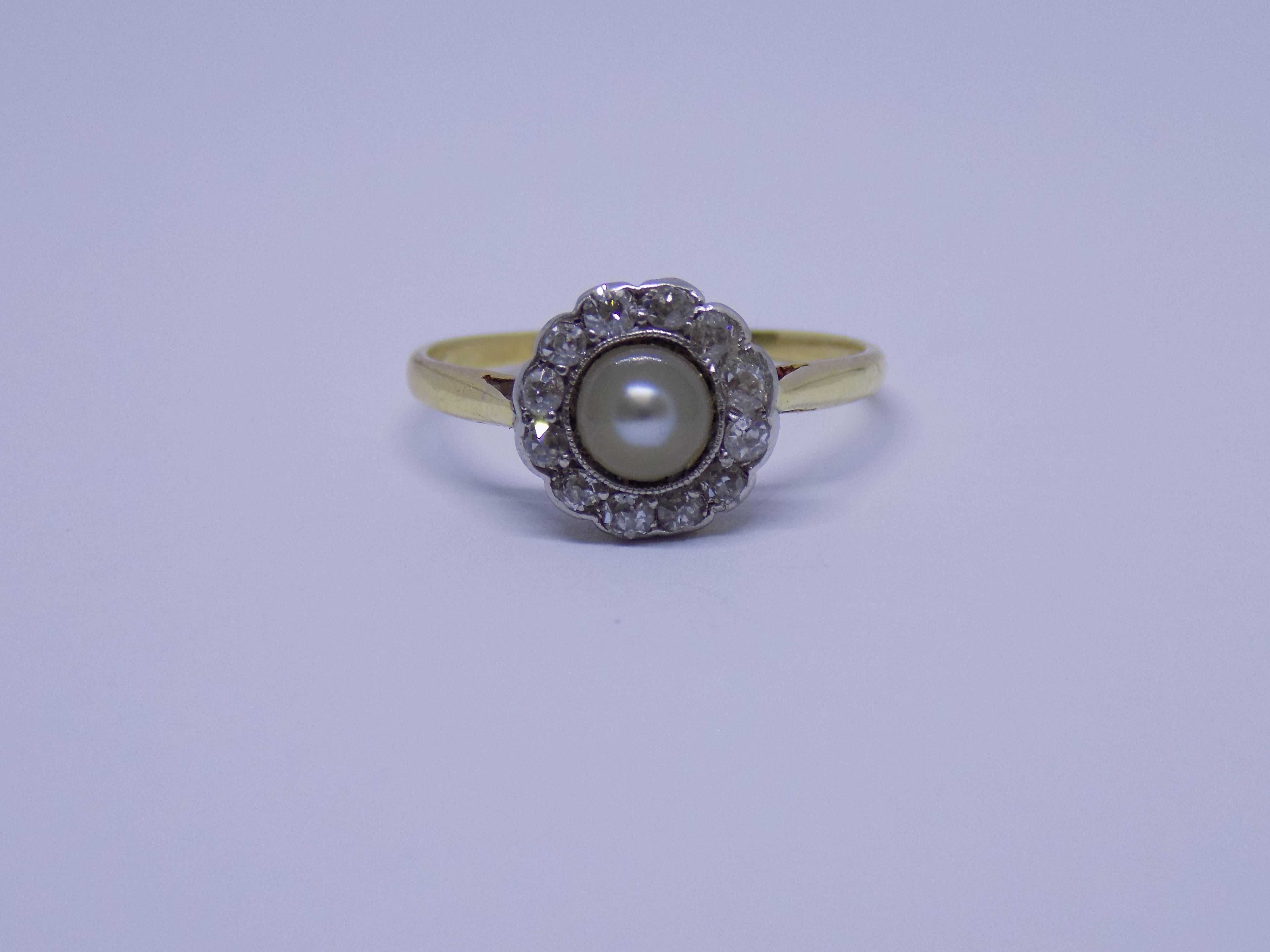 Old European Cut Antique Edwardian Pearl Diamond Gold Halo Ring For Sale