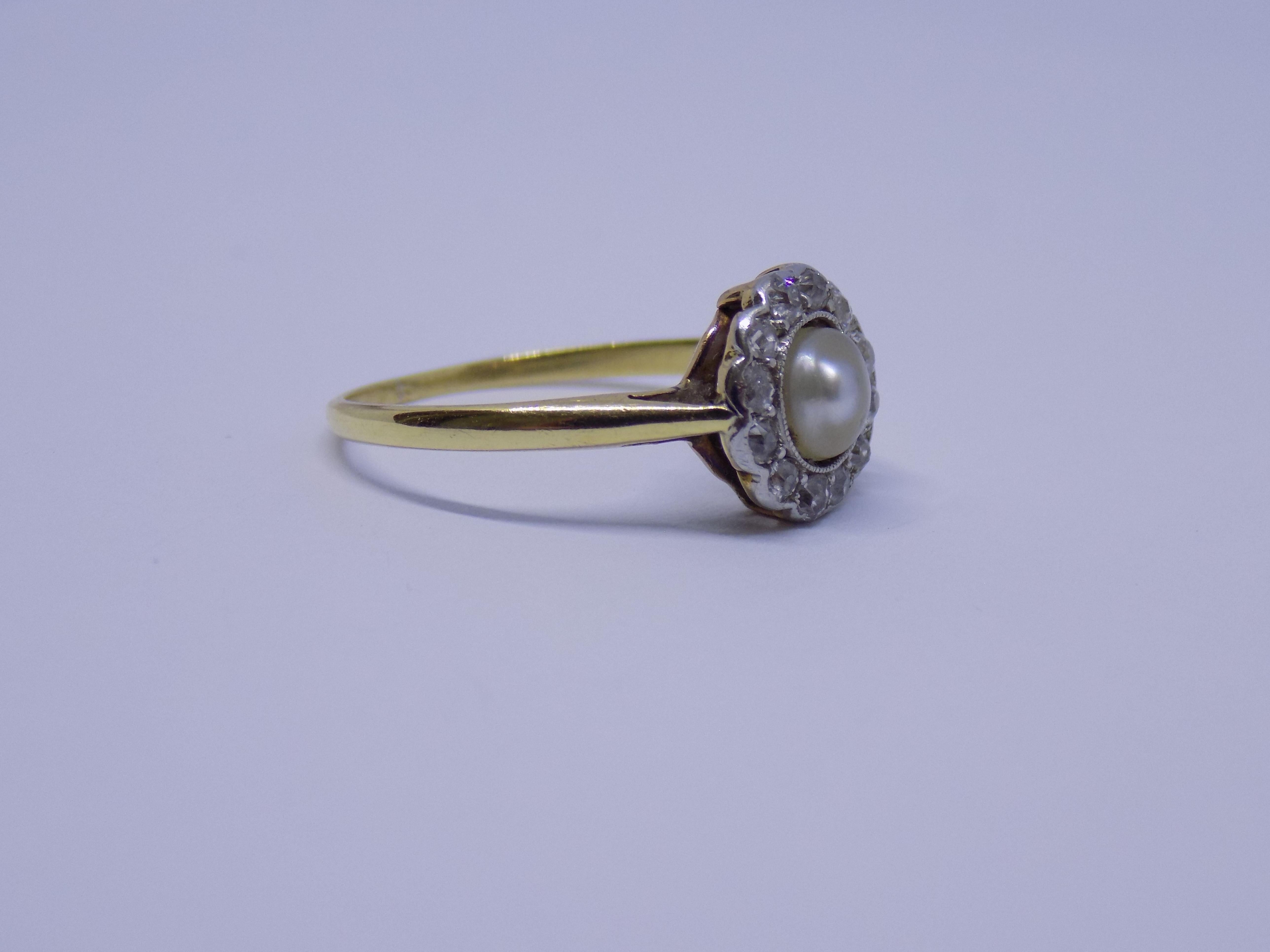 Antique Edwardian Pearl Diamond Gold Halo Ring For Sale 1