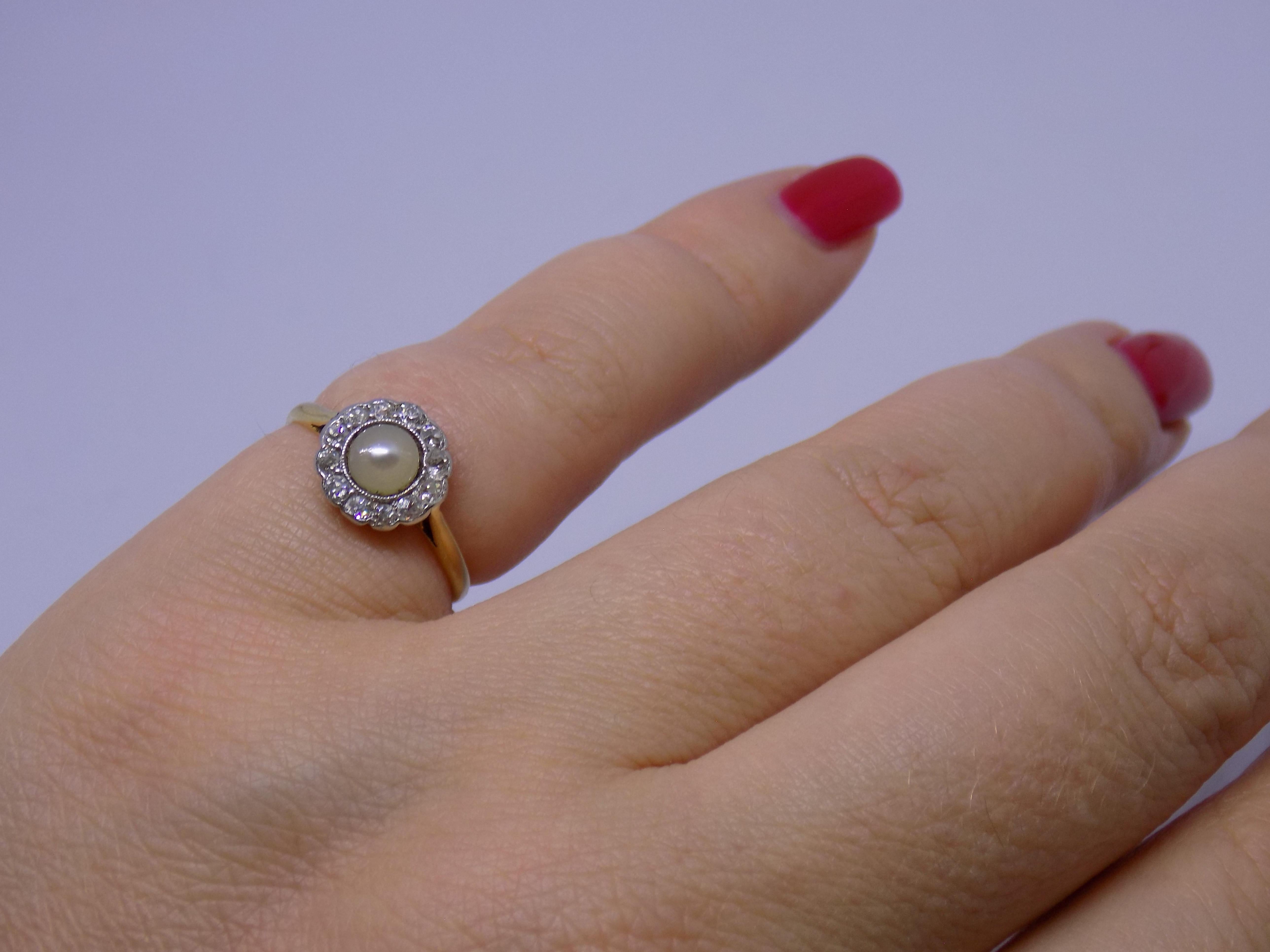 Antique Edwardian Pearl Diamond Gold Halo Ring For Sale 3