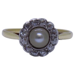 Antique Edwardian Pearl Diamond Gold Halo Ring