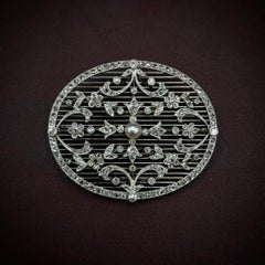 Antique Edwardian Pearl Diamond Openwork Oval Plaque Brooch Platinum 1900s 1910s