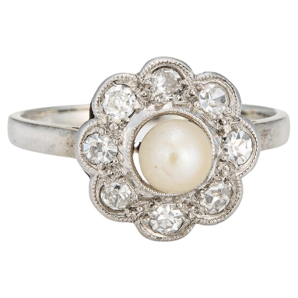 Antique Edwardian Pearl Diamond Ring Cluster 18k White Gold Engagement Bridal 6 For Sale