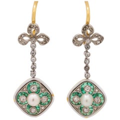 Antique Edwardian Pearl Emerald Diamond Platinum Gold Dangle Earrings