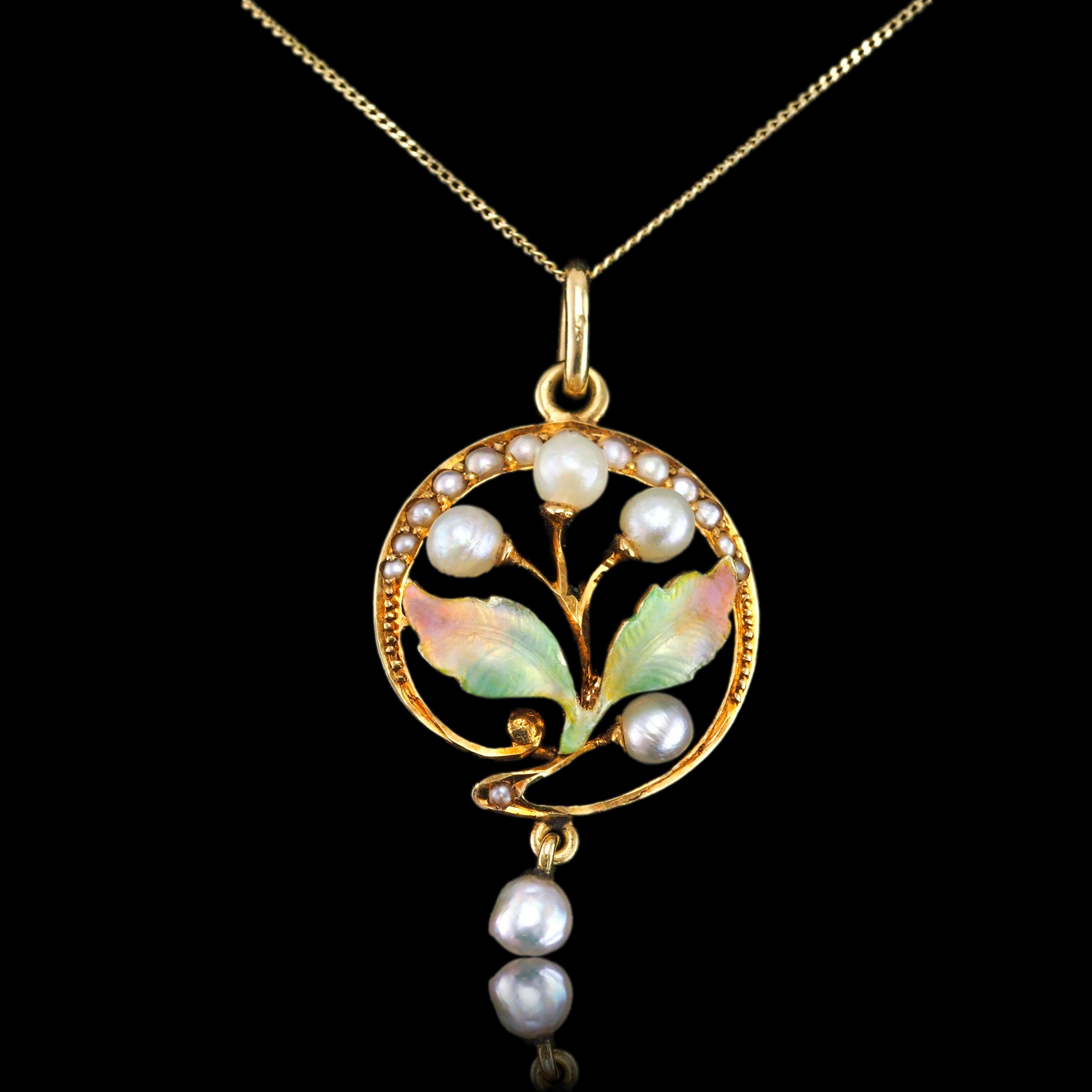 Antique Edwardian Pearl & Enamel Pendant Necklace 15K Gold Art Nouveau c.1910 For Sale 5