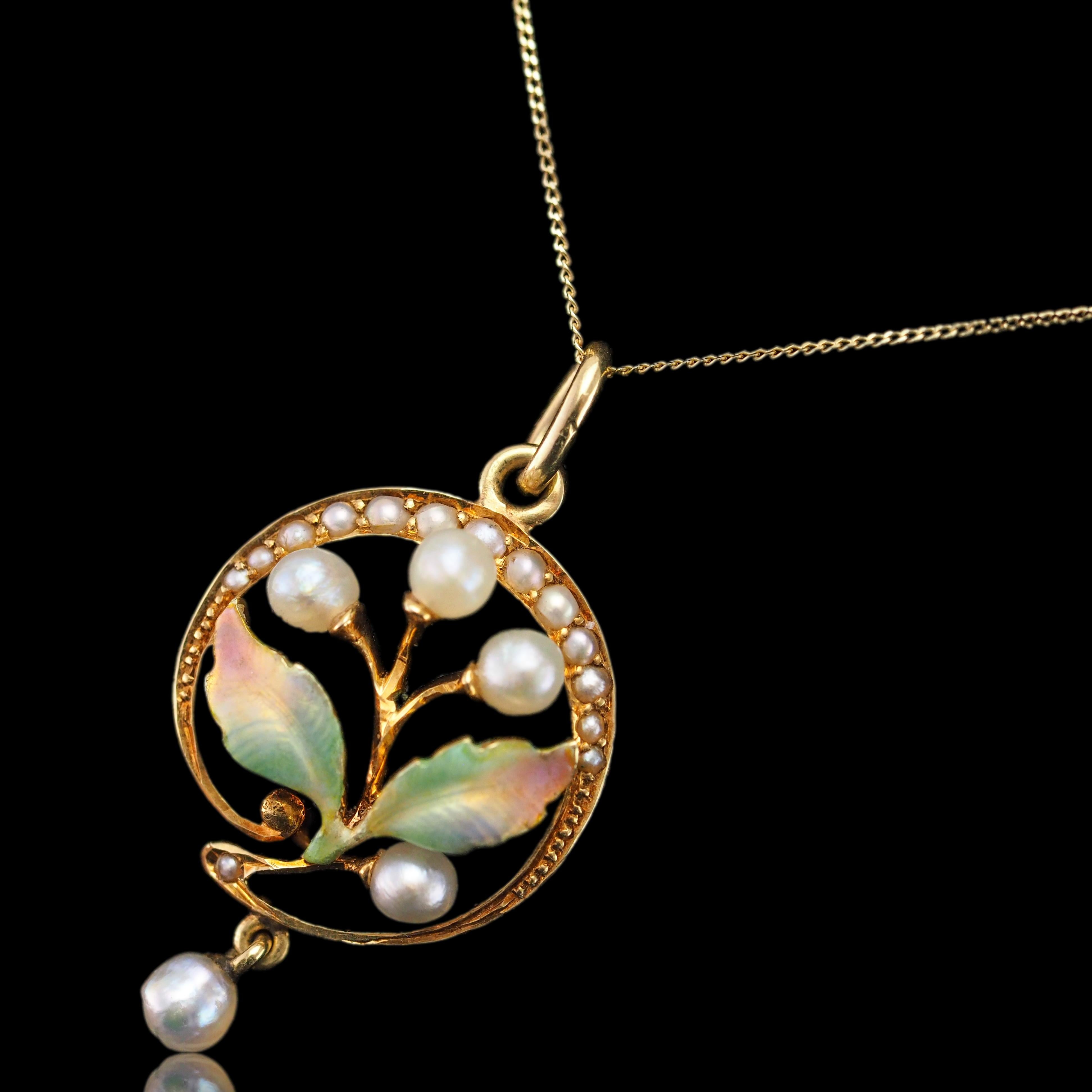 Antique Edwardian Pearl & Enamel Pendant Necklace 15K Gold Art Nouveau c.1910 For Sale 7