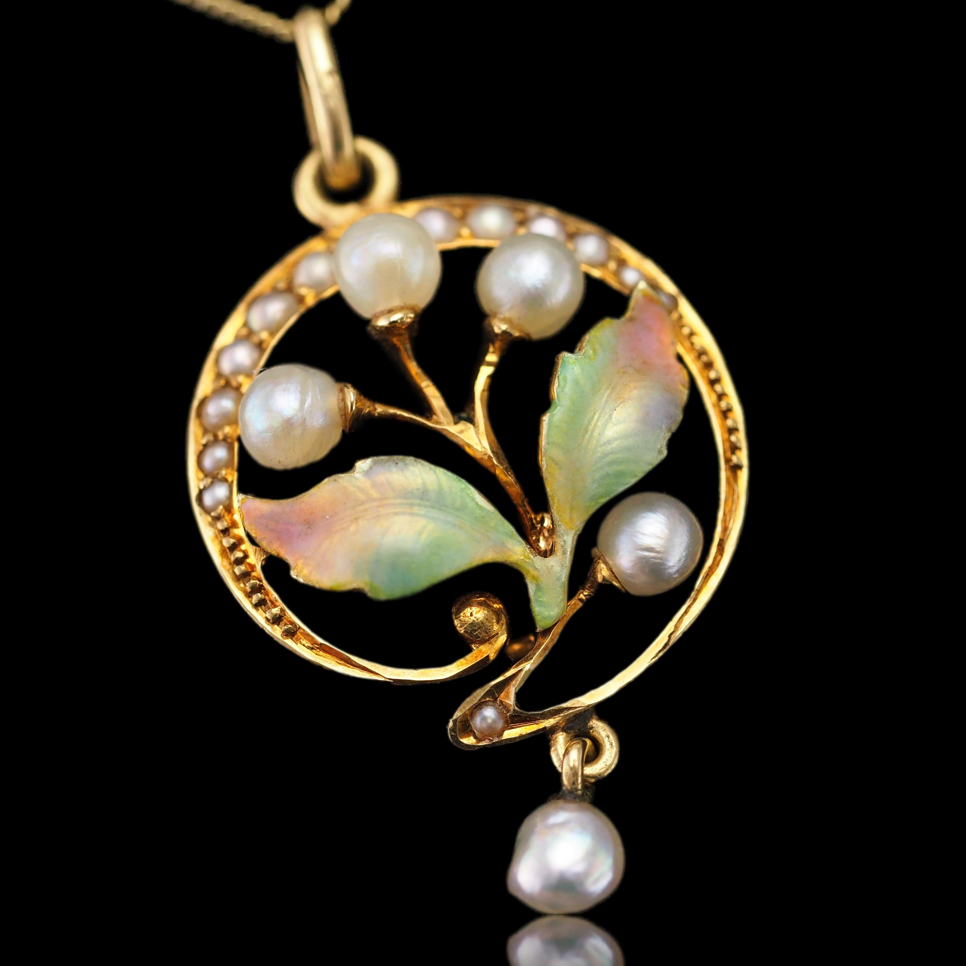 Antique Edwardian Pearl & Enamel Pendant Necklace 15K Gold Art Nouveau c.1910 For Sale 8