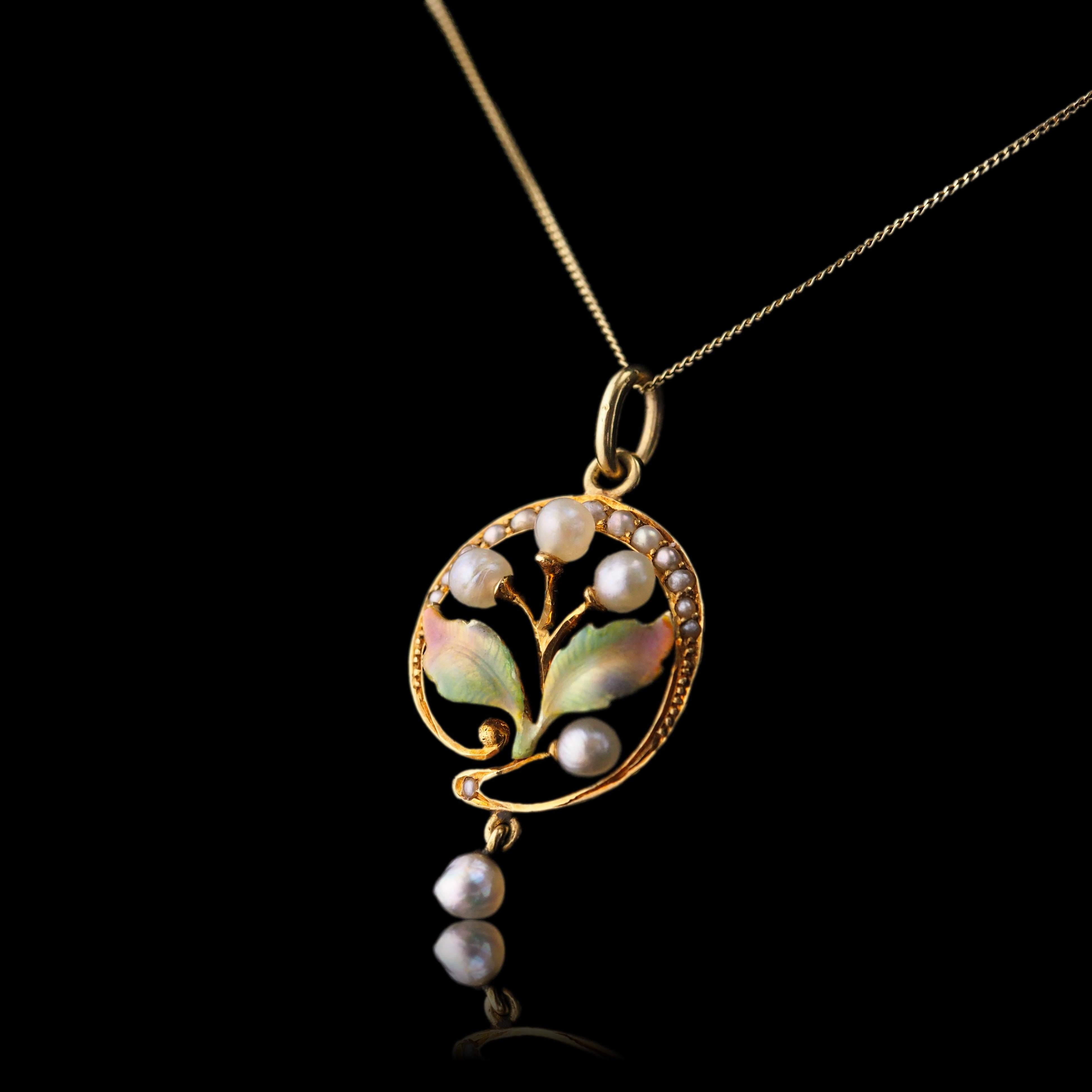 Antique Edwardian Pearl & Enamel Pendant Necklace 15K Gold Art Nouveau c.1910 For Sale 9