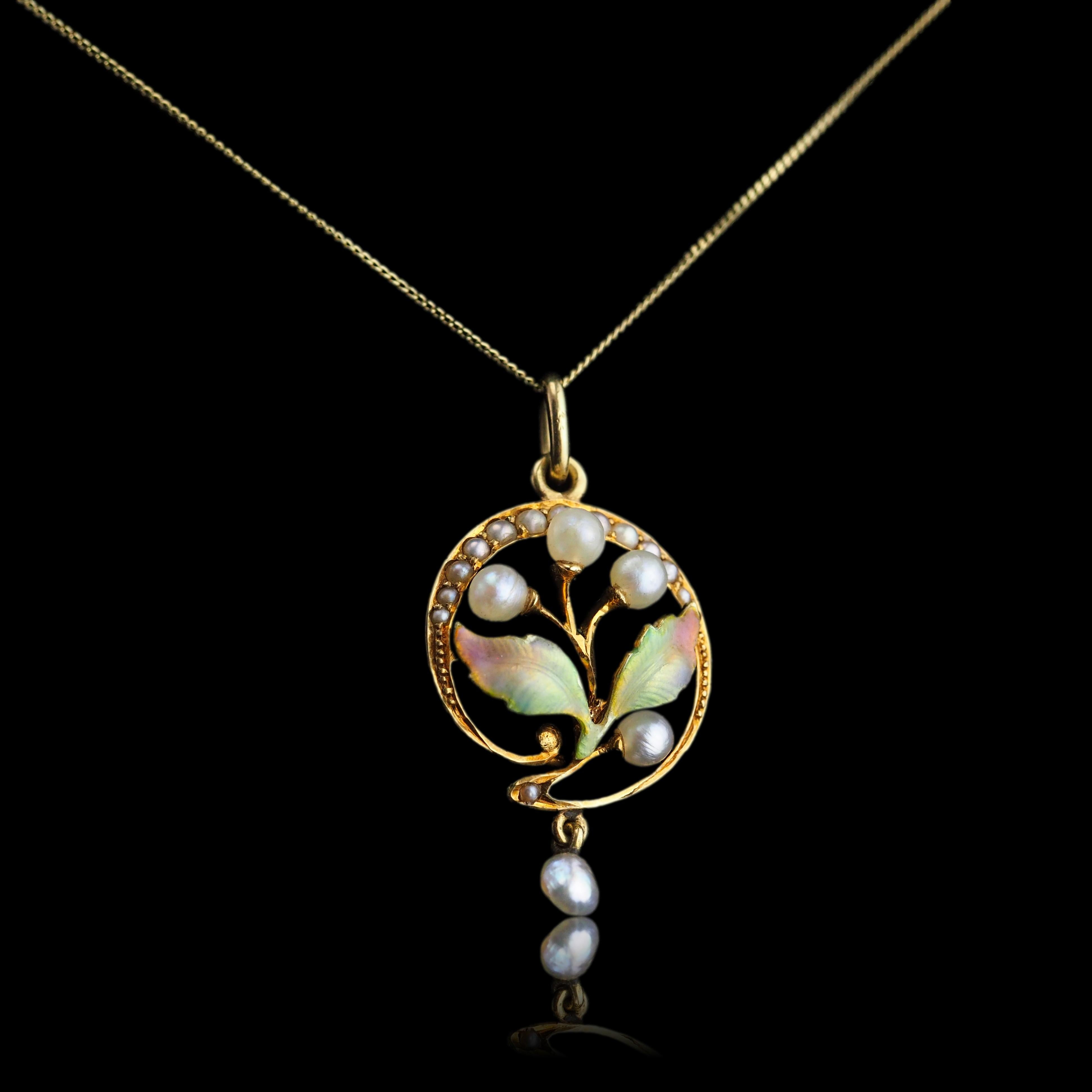 Antique Edwardian Pearl & Enamel Pendant Necklace 15K Gold Art Nouveau c.1910 For Sale 10