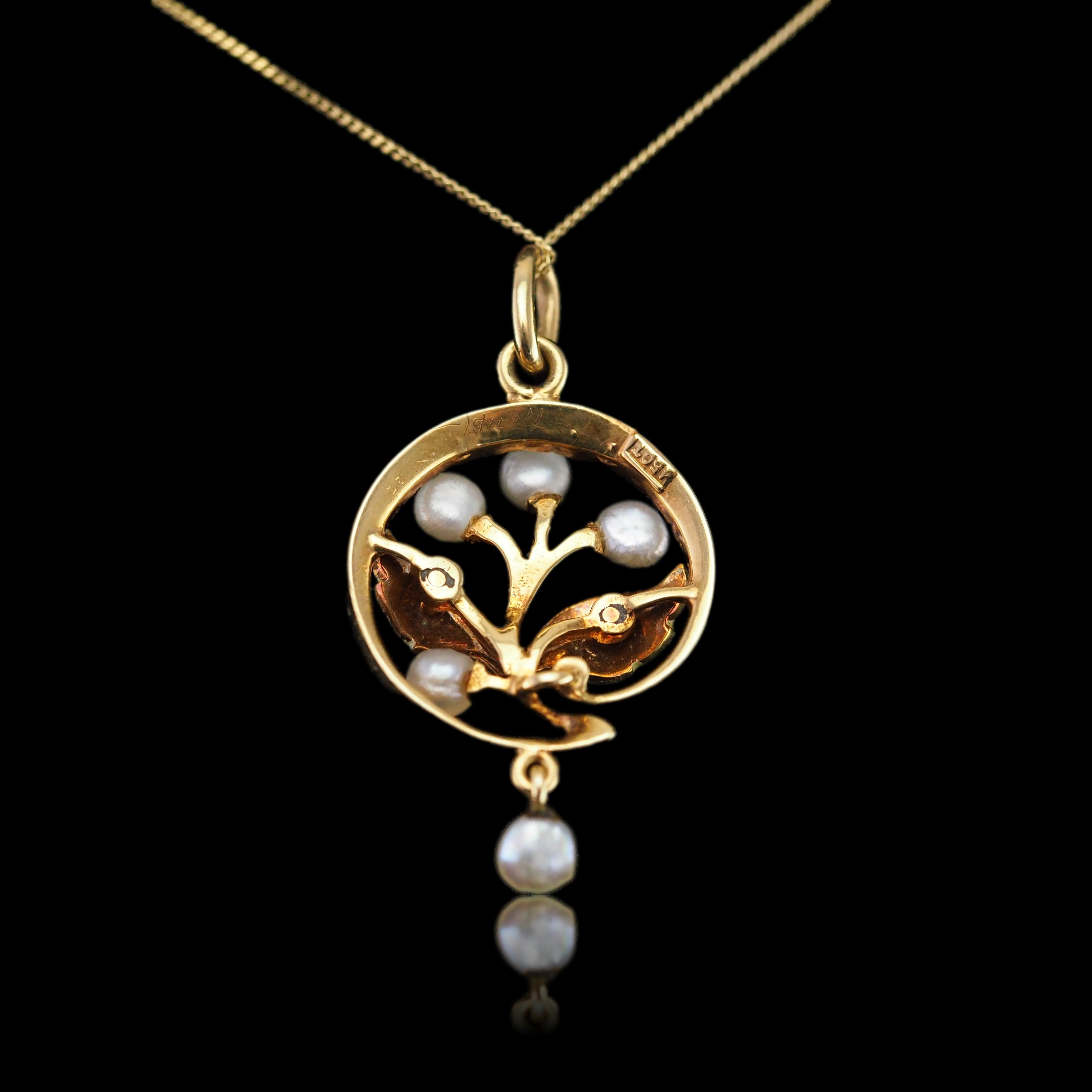 Antique Edwardian Pearl & Enamel Pendant Necklace 15K Gold Art Nouveau c.1910 For Sale 11