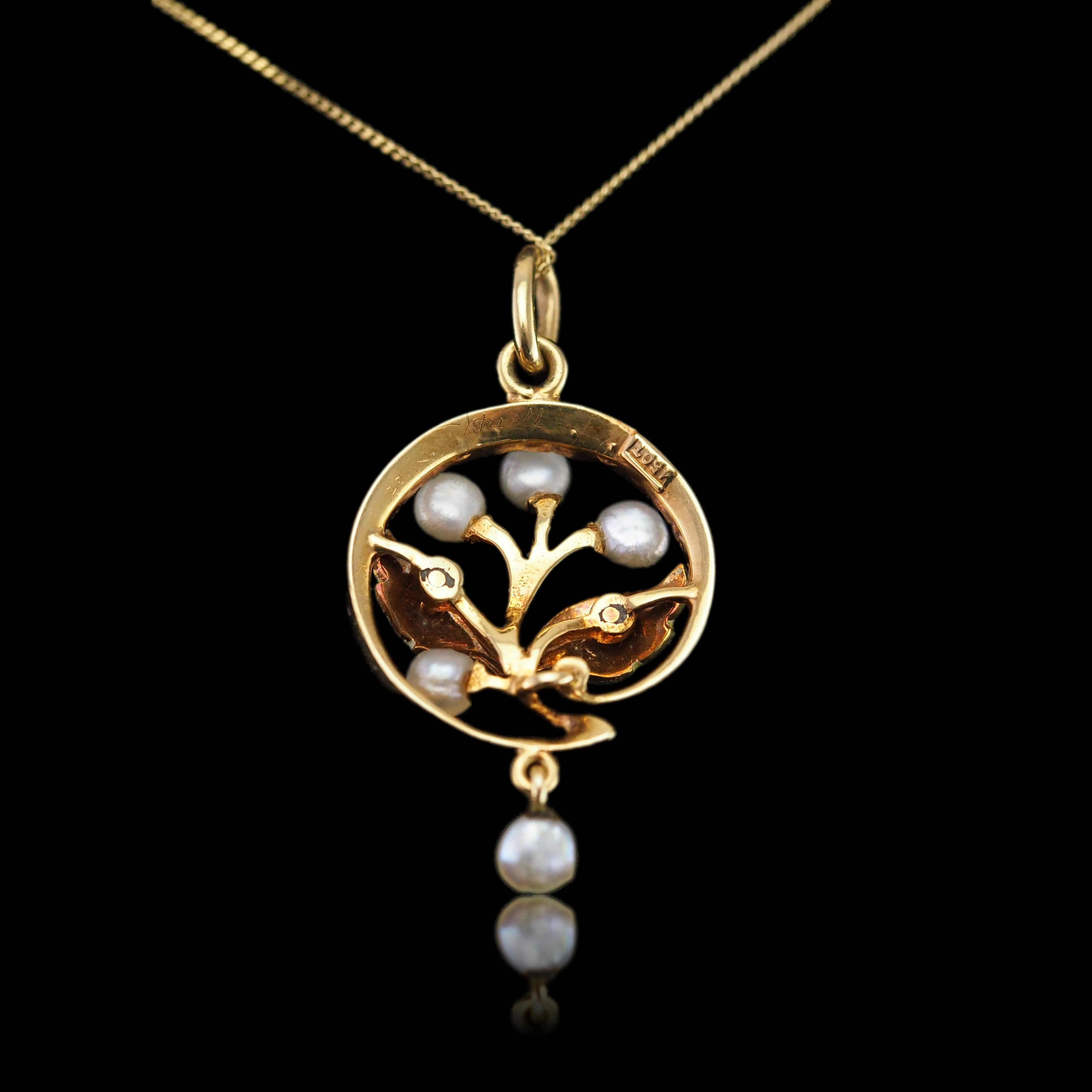 Antike edwardianische Perlen- und Emaille-Halskette mit Anhänger, 15K Gold Art Nouveau ca. 1910, Art nouveau 11