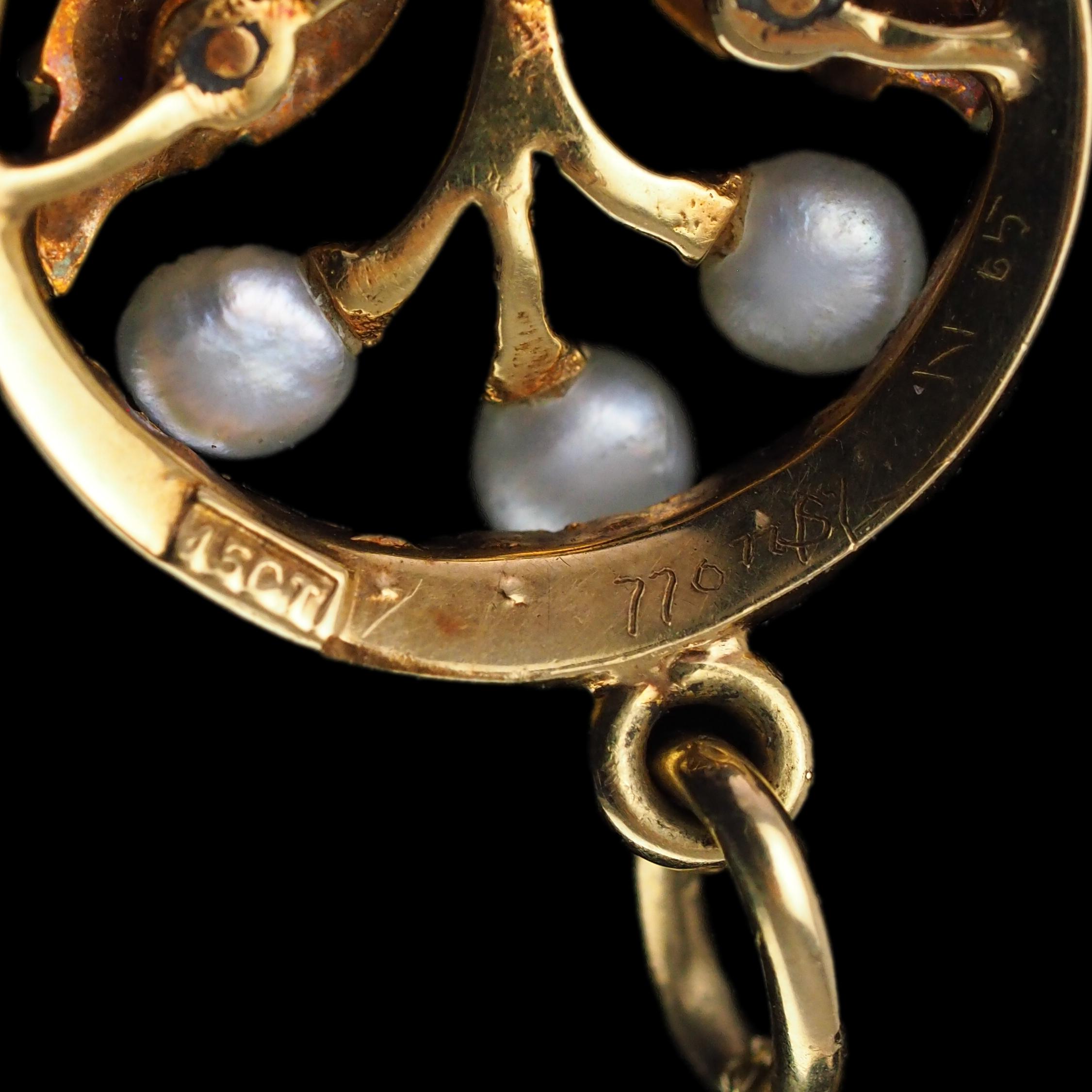 Antique Edwardian Pearl & Enamel Pendant Necklace 15K Gold Art Nouveau c.1910 For Sale 12