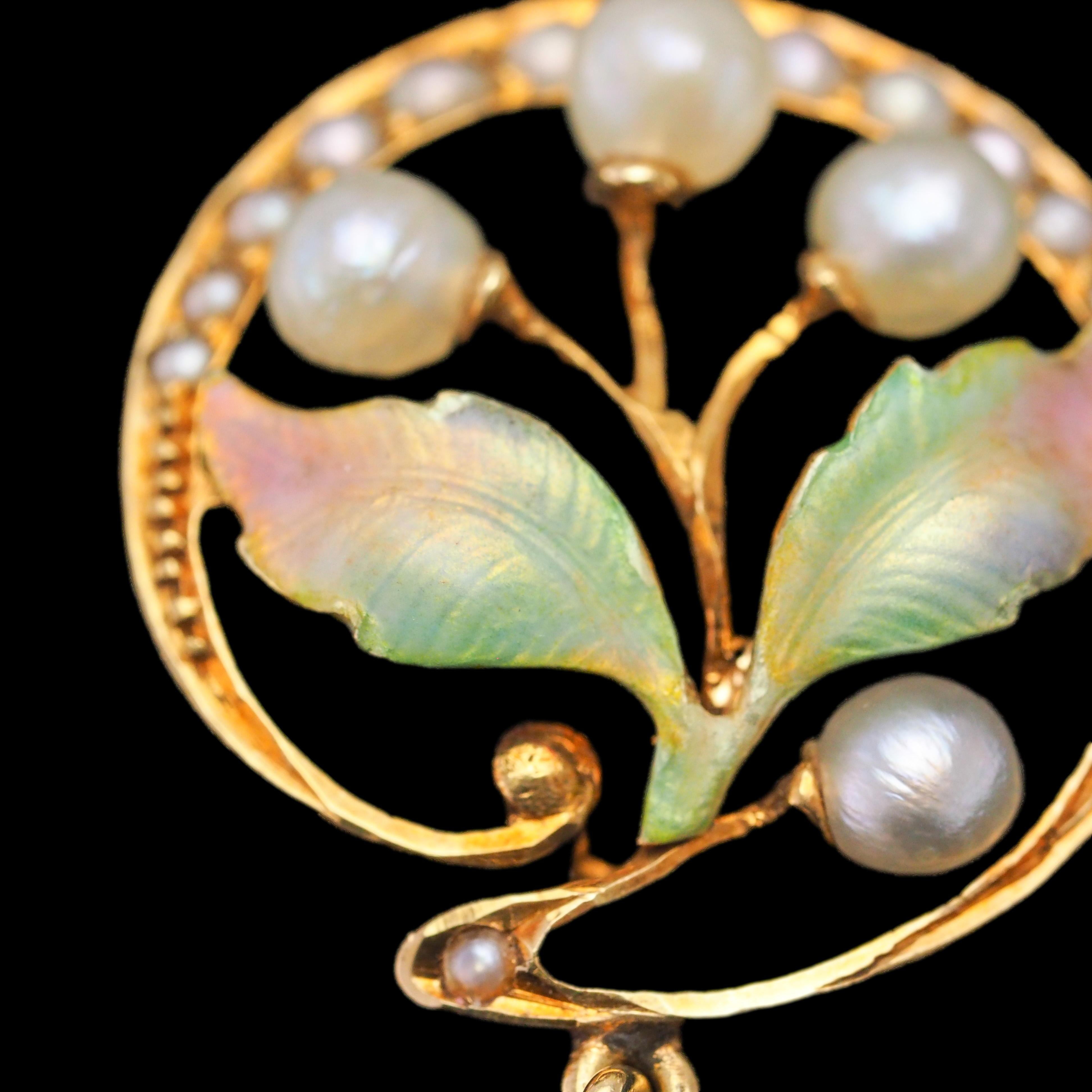 Antique Edwardian Pearl & Enamel Pendant Necklace 15K Gold Art Nouveau c.1910 In Good Condition For Sale In London, GB