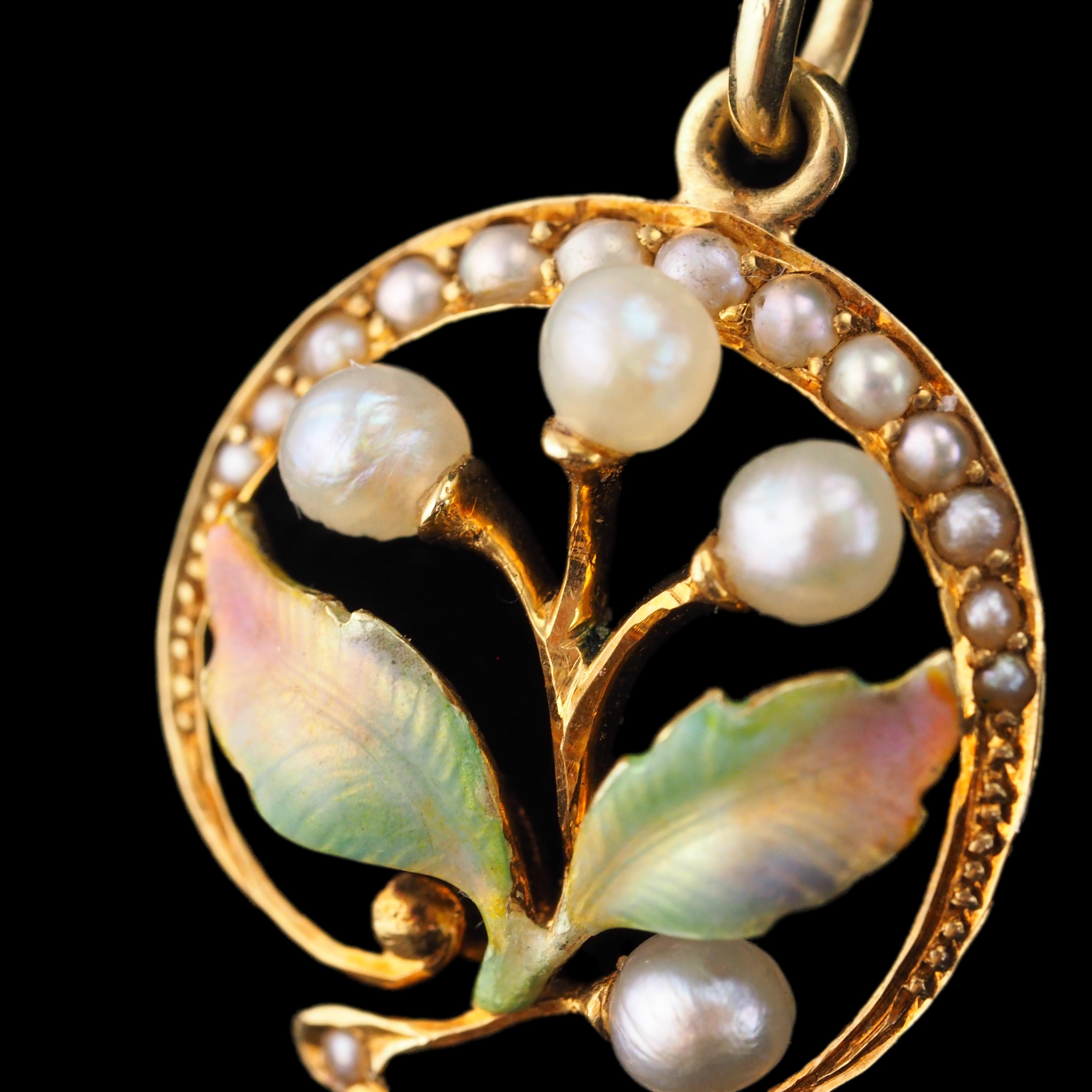 Antique Edwardian Pearl & Enamel Pendant Necklace 15K Gold Art Nouveau c.1910 For Sale 1