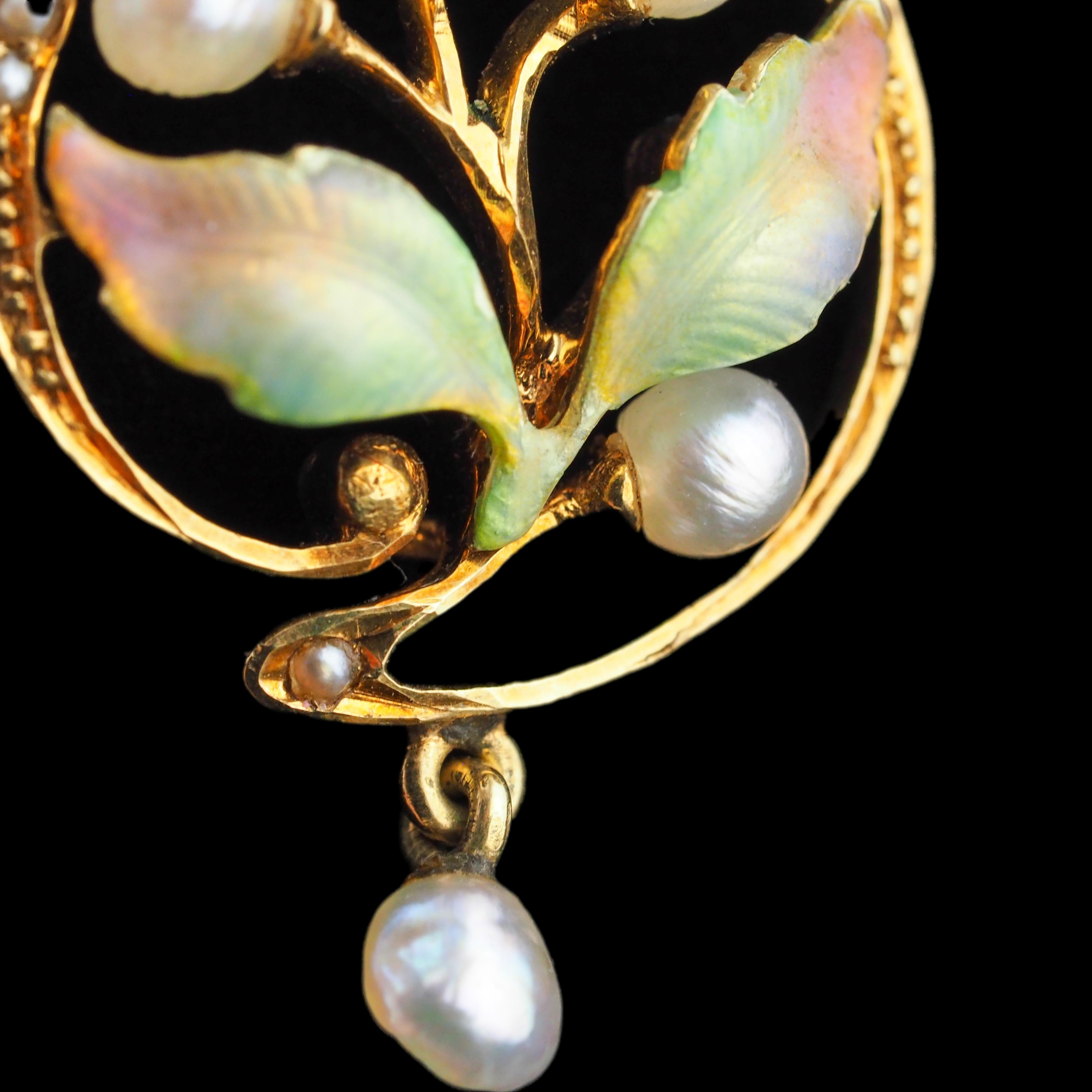 Antique Edwardian Pearl & Enamel Pendant Necklace 15K Gold Art Nouveau c.1910 For Sale 2