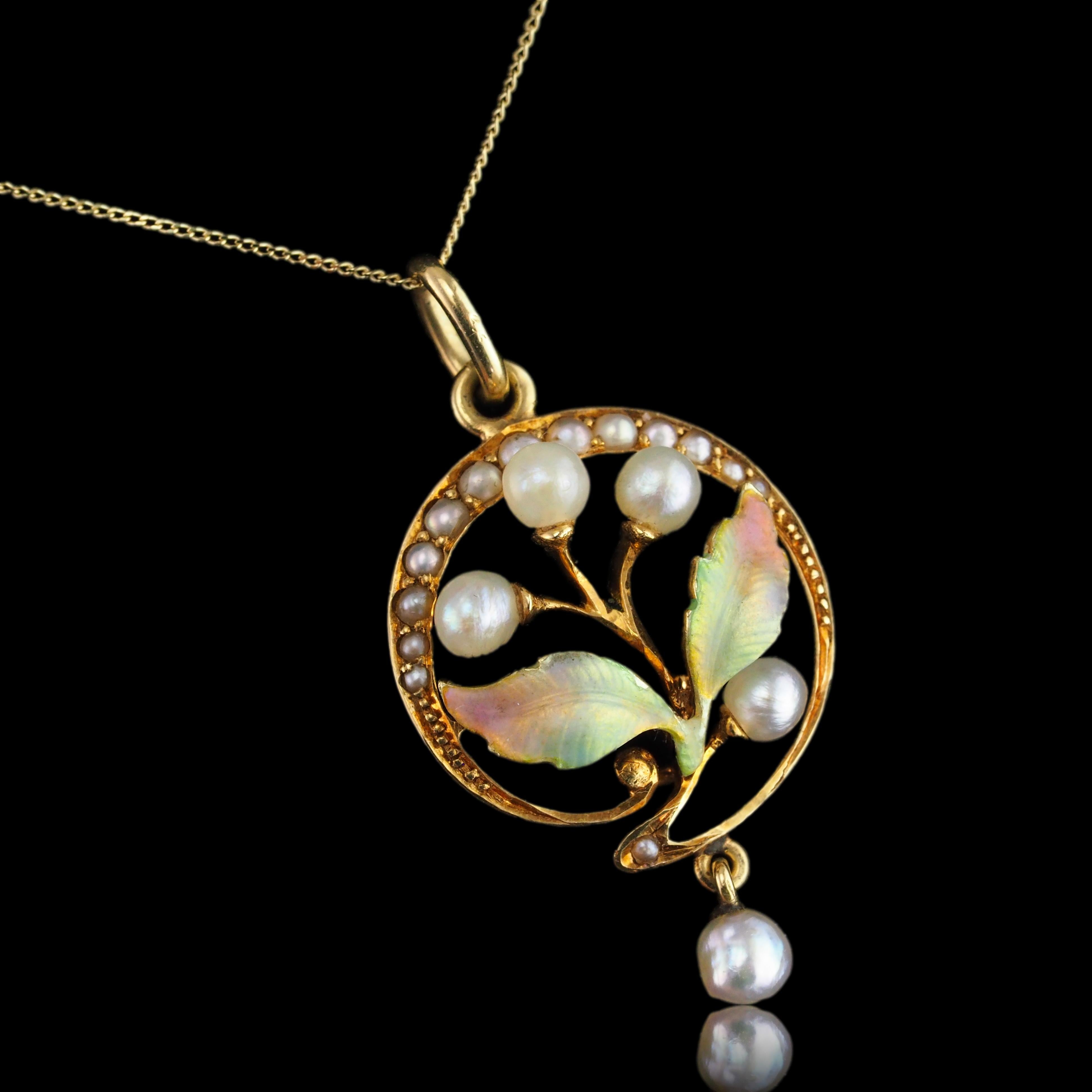 Antique Edwardian Pearl & Enamel Pendant Necklace 15K Gold Art Nouveau c.1910 For Sale 4