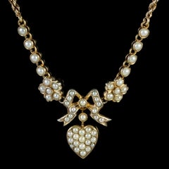 Antique Edwardian Pearl Heart Necklace Silver 15 Carat Gold, circa 1910