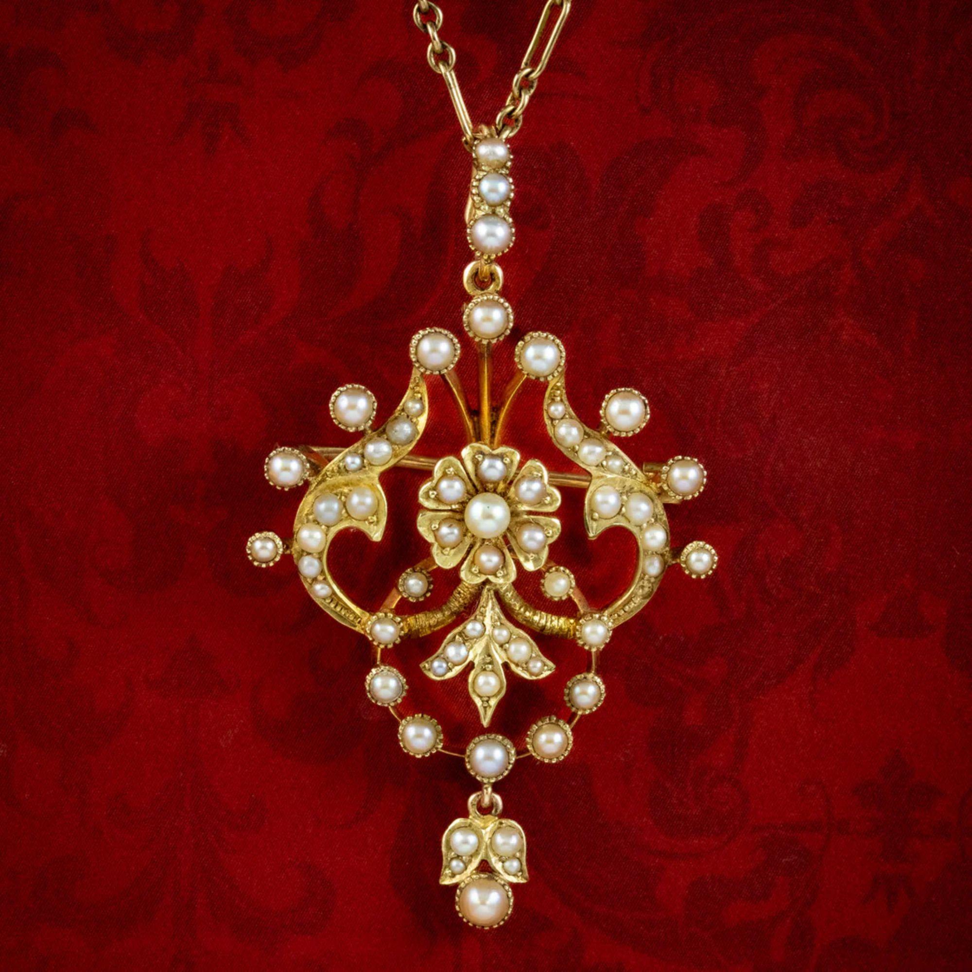 Antique Edwardian Pearl Pendant Necklace in 15ct Gold, circa 1901-1915 For Sale 1