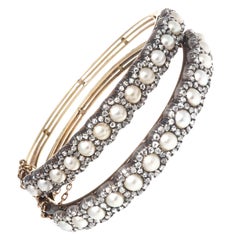 Antique Edwardian Pearl Rose Cut Diamonds 14 Karat Silver Bangle Bracelets