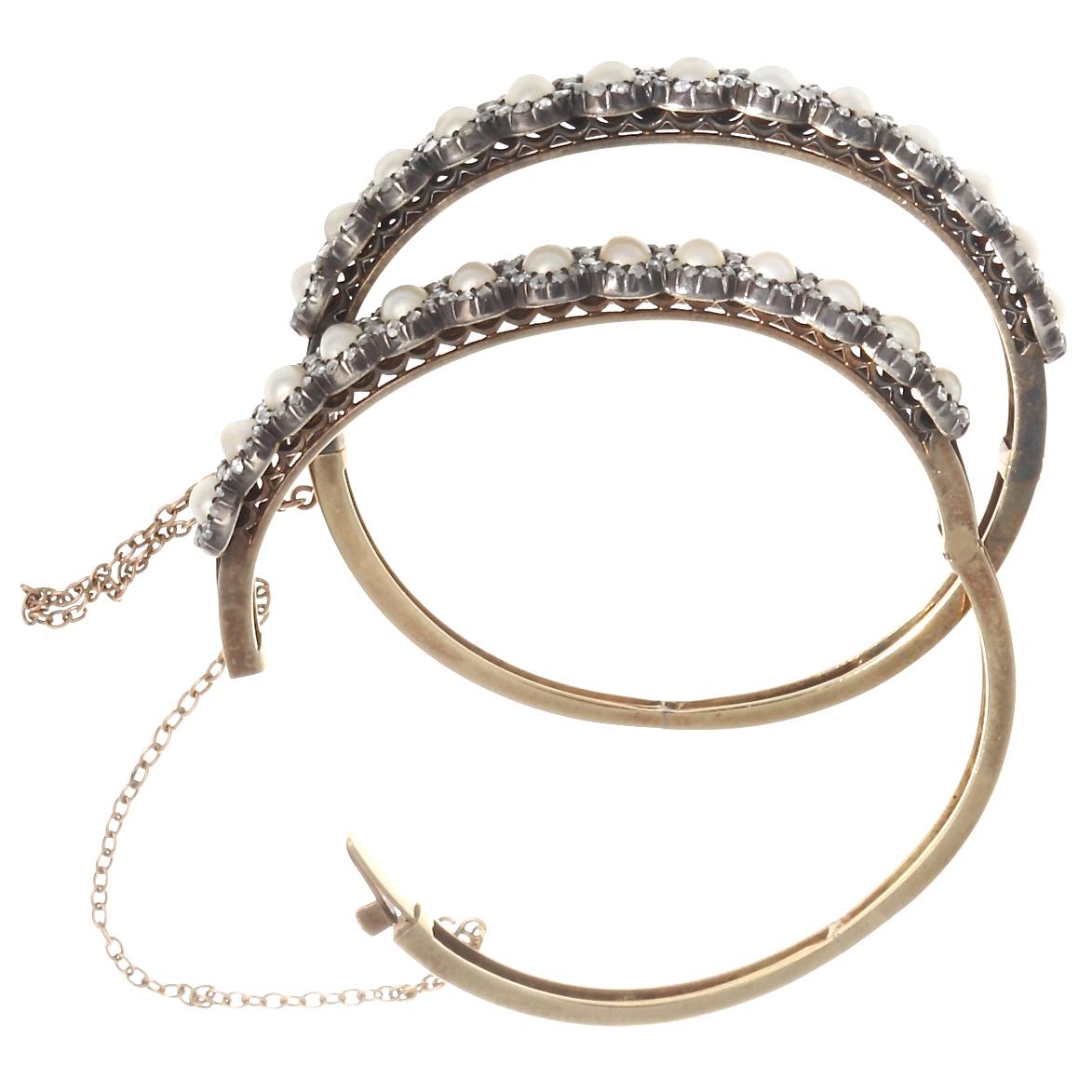 Women's Antique Edwardian Pearl Rose Cut Diamonds 14 Karat Silver Bangle Bracelets
