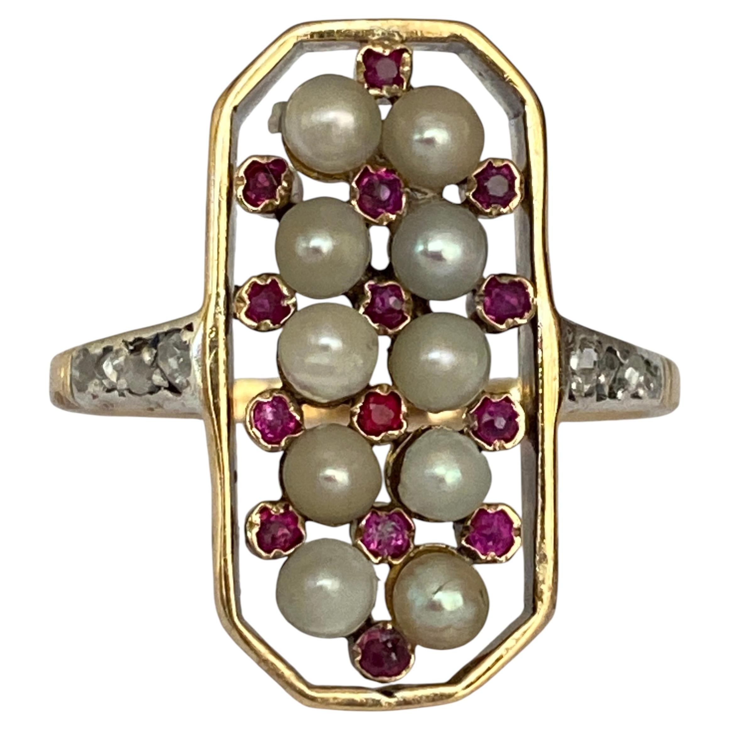 Antique Edwardian Pearl, Ruby & Diamond Ring in Gold