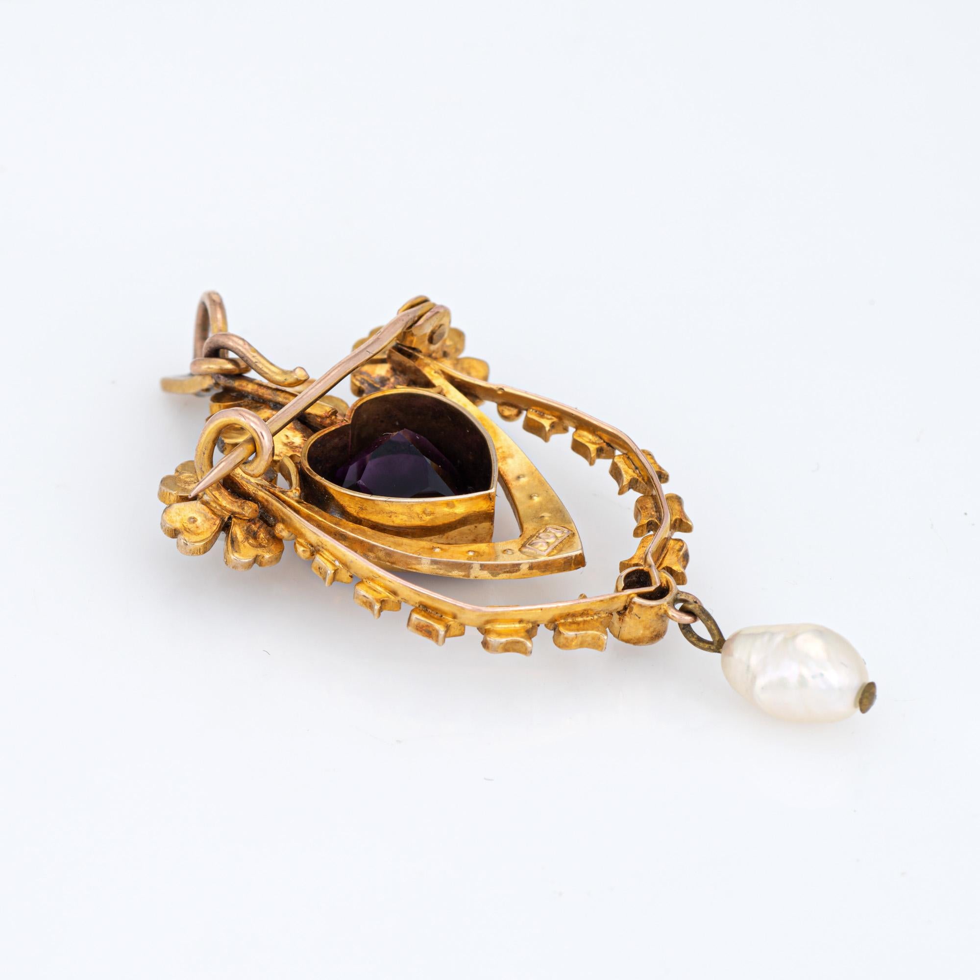 Édouardien Pendentif broche ancienne Edwardienne Améthyste Coeur Perle Or Jaune 9k Bijoux en vente