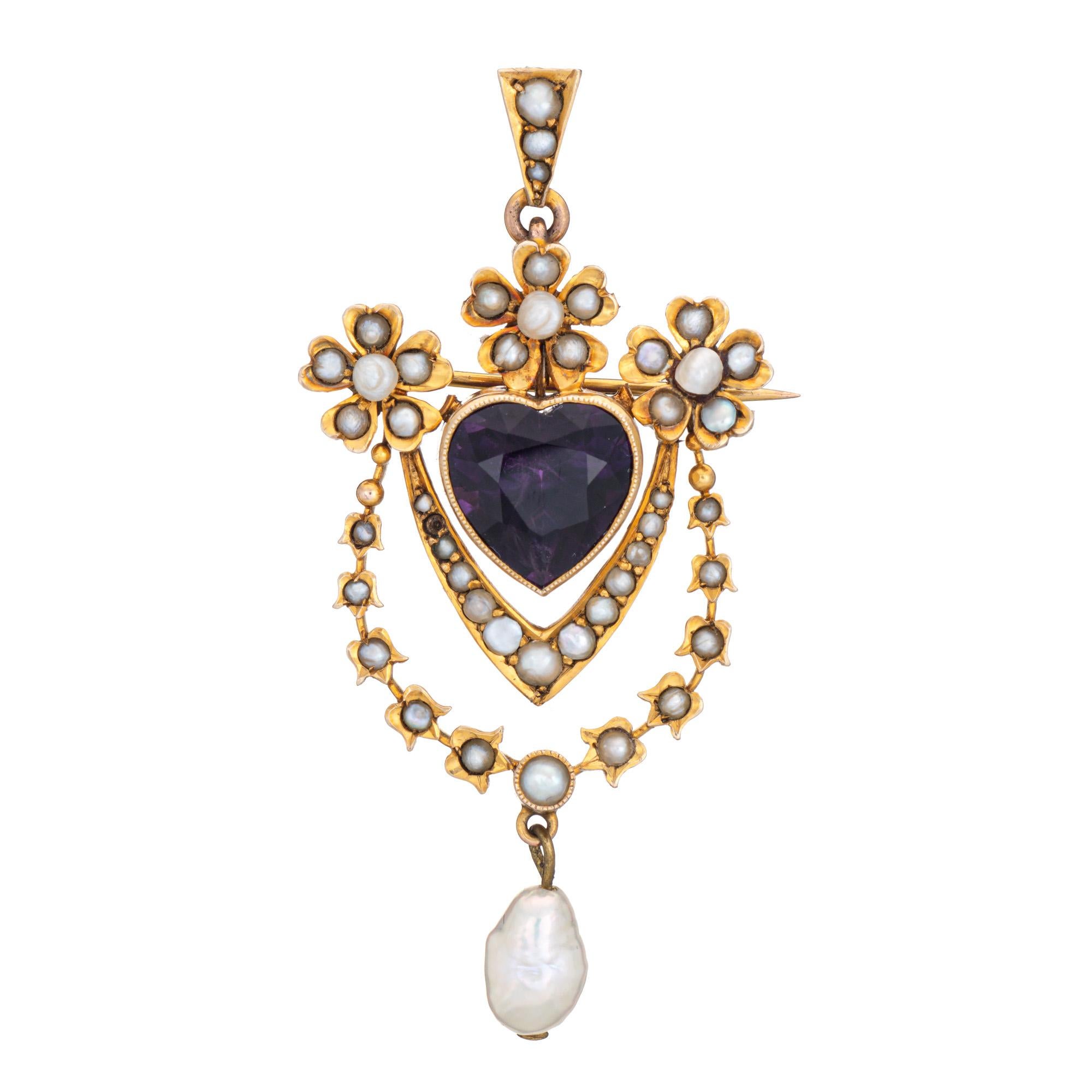 Taille cœur Pendentif broche ancienne Edwardienne Améthyste Coeur Perle Or Jaune 9k Bijoux en vente