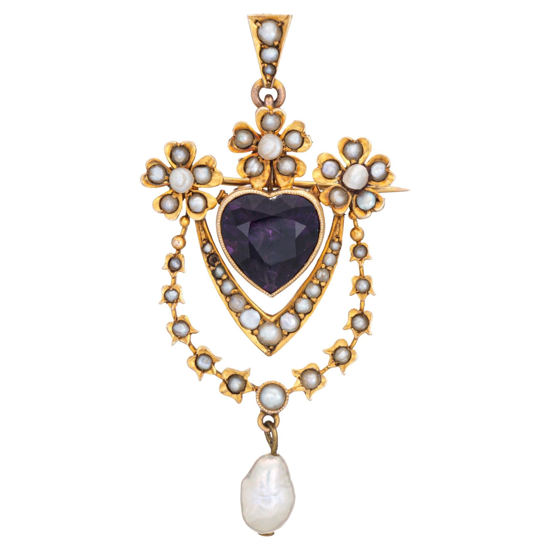 Pendentif broche ancienne Edwardienne Améthyste Coeur Perle Or Jaune 9k Bijoux en vente