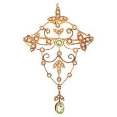 Antique Edwardian Pendant Brooch Peridot Seed Pearls 9k Yellow Gold Jewelry