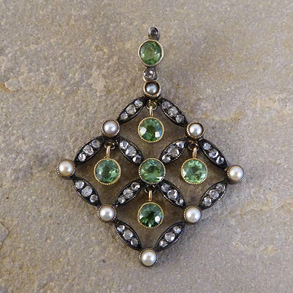 Women's Antique Edwardian Peridot, Diamond and Cultured Pearl Drop Pendant