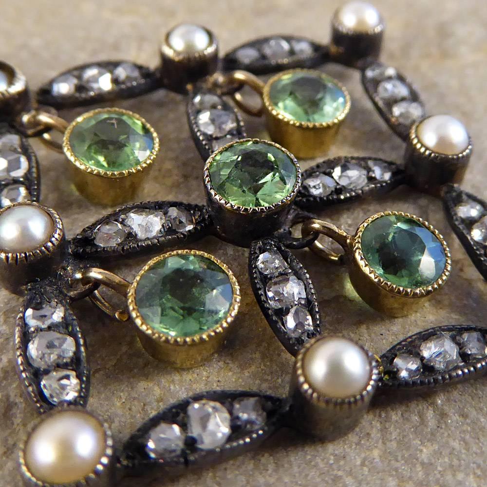 Antique Edwardian Peridot, Diamond and Cultured Pearl Drop Pendant 1