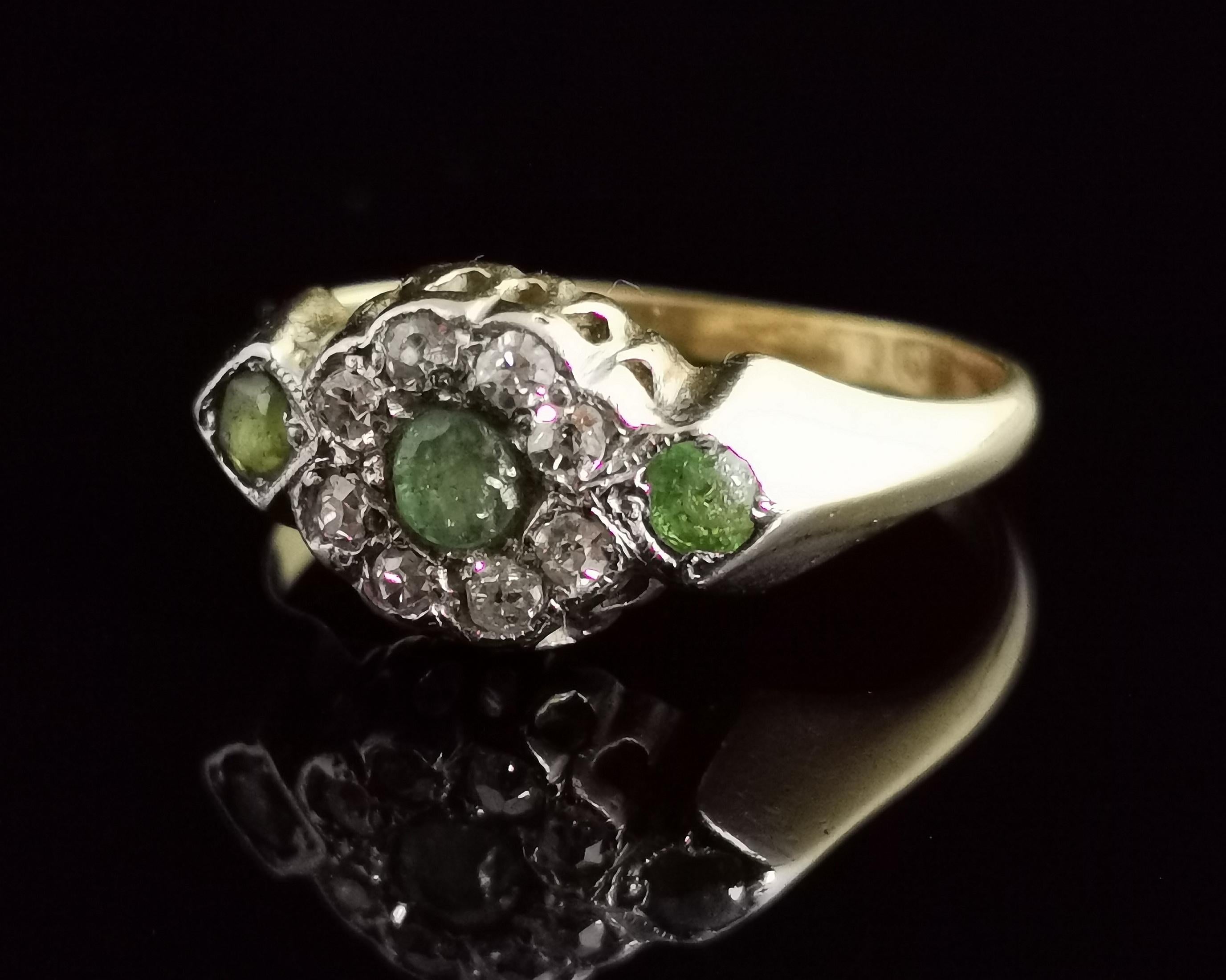 Old European Cut Antique Edwardian Peridot and Diamond Cluster Ring, 18k Yellow Gold