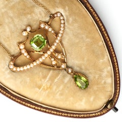 Antique, Edwardian, Peridot and Seed Pearl Art Nouveau Pendant in Original Box