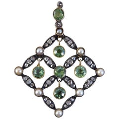 Antique Edwardian Peridot, Diamond and Cultured Pearl Drop Pendant
